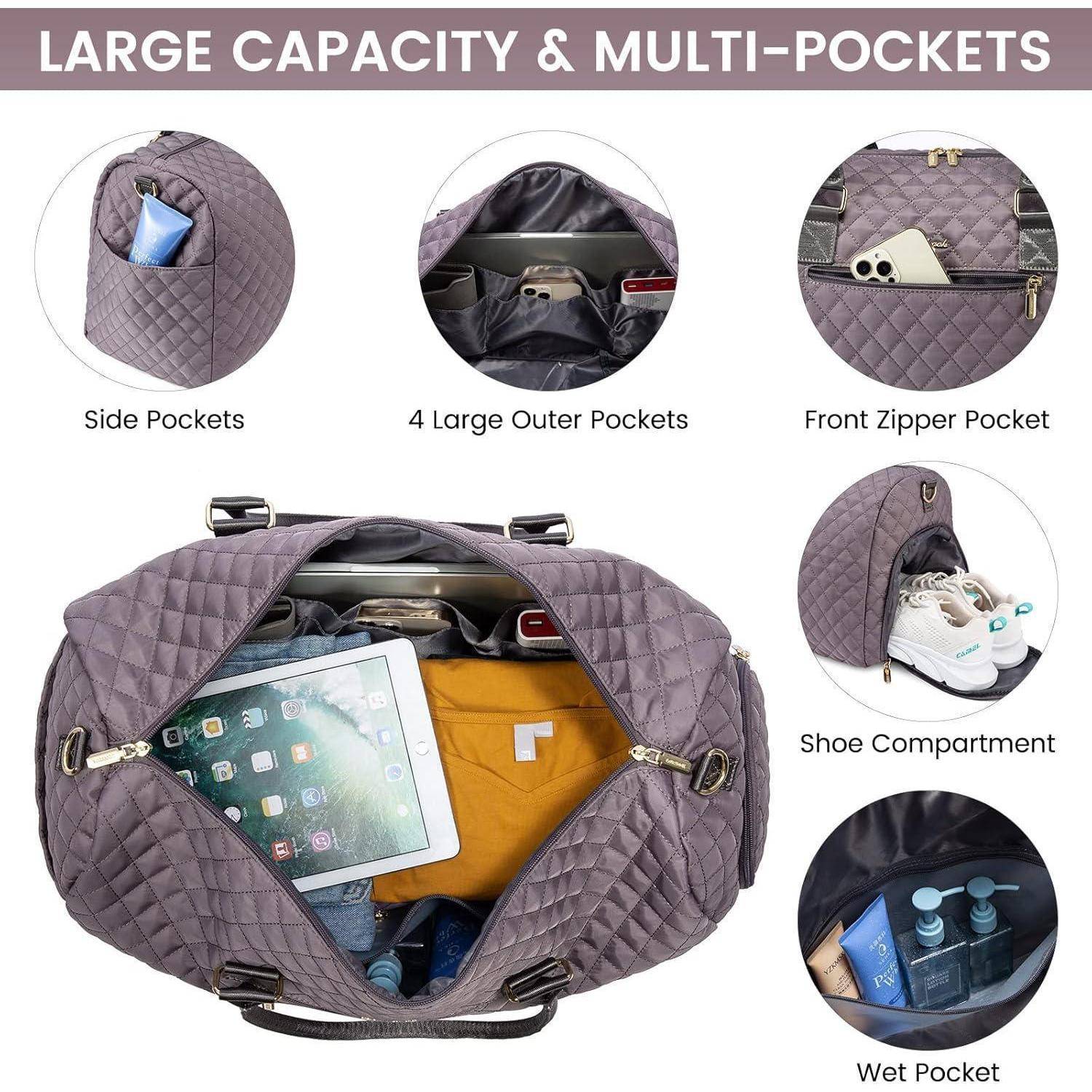Gesteppte Reisetasche mit großem Fassungsvermögen und mehreren Taschen, mit Seitentaschen, Außentaschen, vorderer Reißverschlusstasche, Schuhfach und Nasstasche.