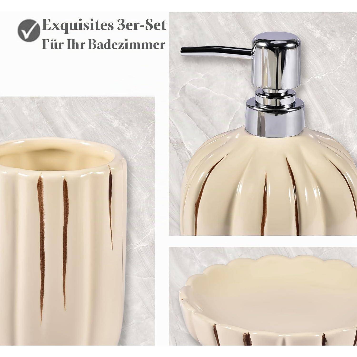 Badezimmer Zubehör 3 Teile, lustige Kürbis Badezimmer Deko, Keramik Badezimmer Set - Zahnbürstenhalter, Seifenspender, Seifenschale, Badezimmer Org