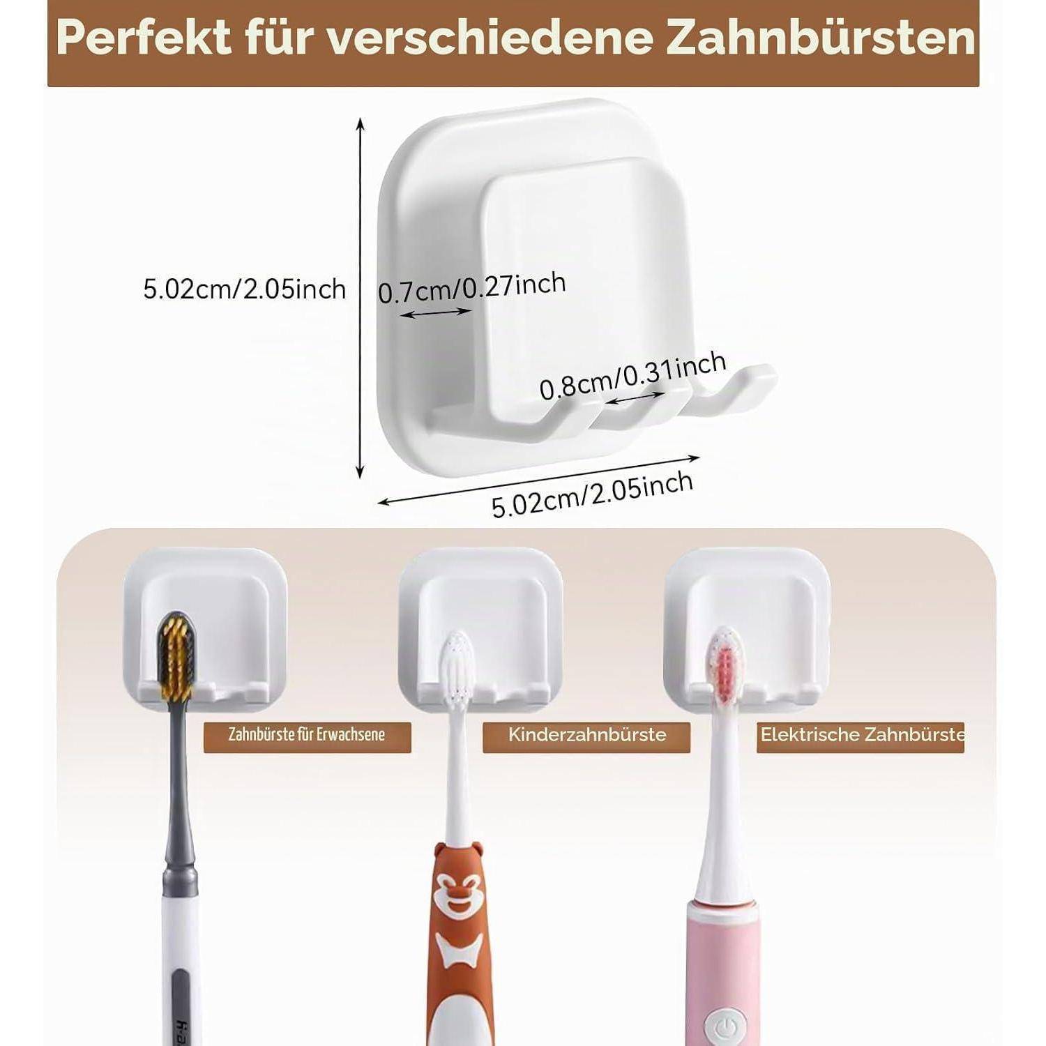 Wandmontierter Zahnbürstenhalter mit Abmessungen von 5,02 x 5,02 cm, passend für Zahnbürsten für Erwachsene, Kinder und elektrische Zahnbürsten.