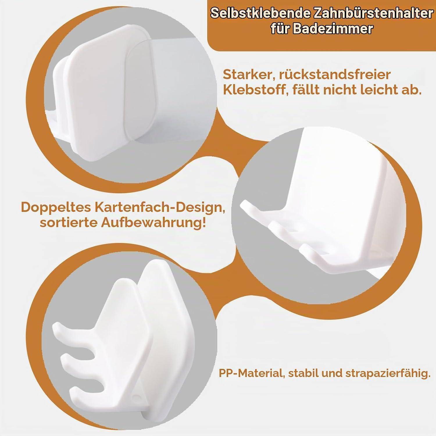 Werbegrafikelemente für einen selbstklebenden Zahnbürstenhalter für Badezimmer, mit weißem wandmontiertem Halter, Doppelschlitz-Stauraum, starkem rückstandsfreiem Kleber und strapazierfähigem PP-Material.