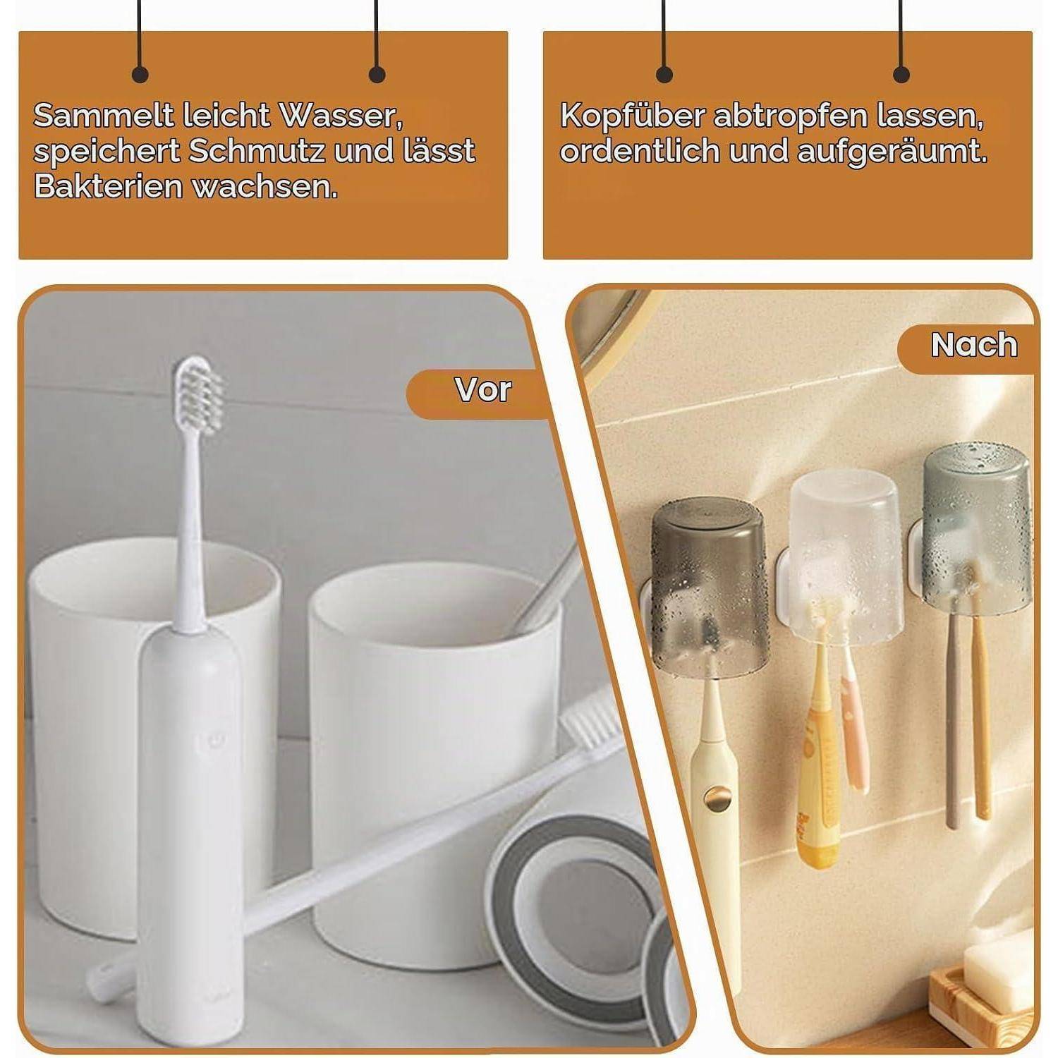 Vorher-und-nachher Bild zur Zahnbürstenlagerung im Badezimmer, das ein unordentliches Behältnis zeigt, das Wasser und Schmutz einfängt, und einen saubereren wandmontierten Halter mit umgestülpten Bechern