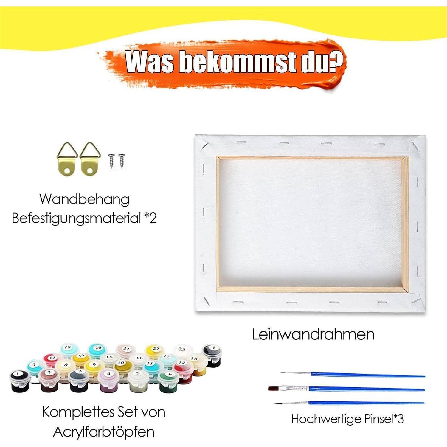 Paketinhalt shown: Wandaufhänger mit Befestigungsmaterial x2, Leinwandrahmen und kompletter Satz Acrylfarbtöpfe mit 3 hochwertigen Pinseln.
