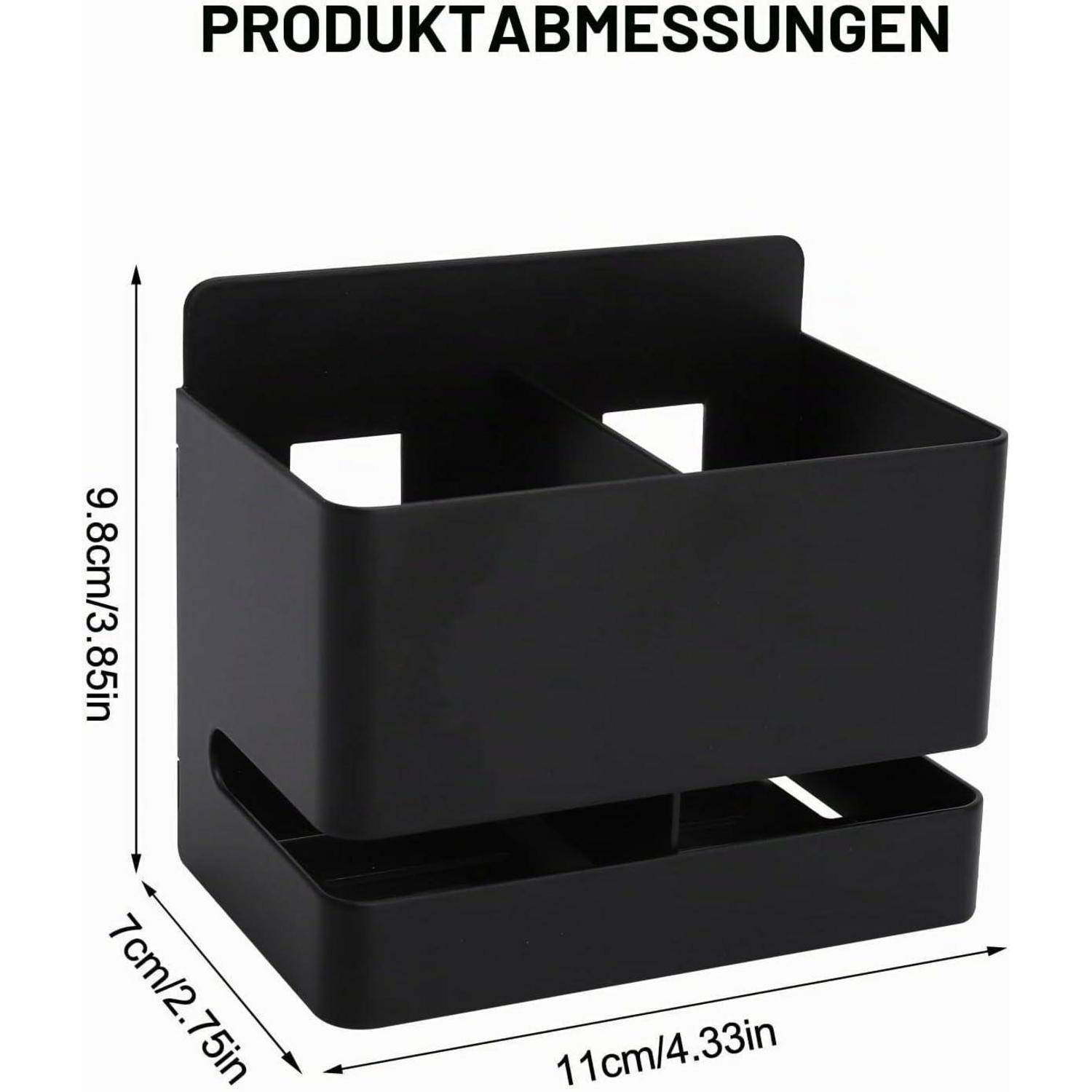 Schwarzer rechteckiger Organizer mit zwei Fächern; die angegebenen Produktabmessungen betragen 11 cm breit, 7 cm tief und 9,8 cm hoch.