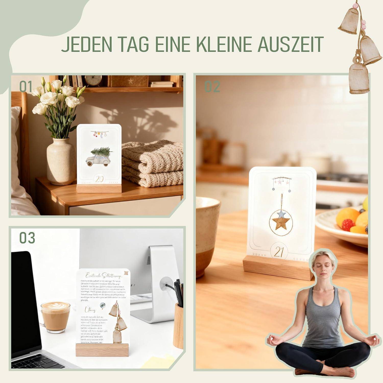 Weiße Schreibtischkalender oder Notizhalterin in einer deutschen Promotionskollage, die in drei gestylten Home-Office-Szenen gezeigt wird, mit dem Titel „JEDEN TAG EINE KLEINE AUSZEIT