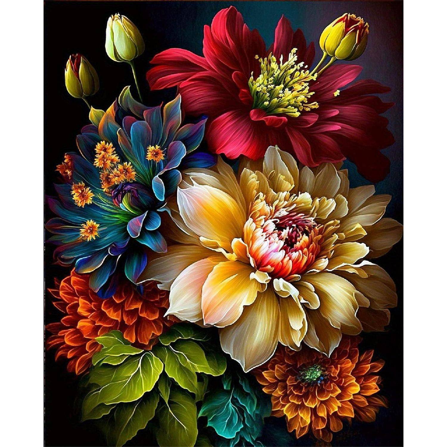 Ein farbenfroher Strauß aus großen stilisierten Blumen in Rot, Gelb, Blau und Orange vor dunklem Hintergrund.