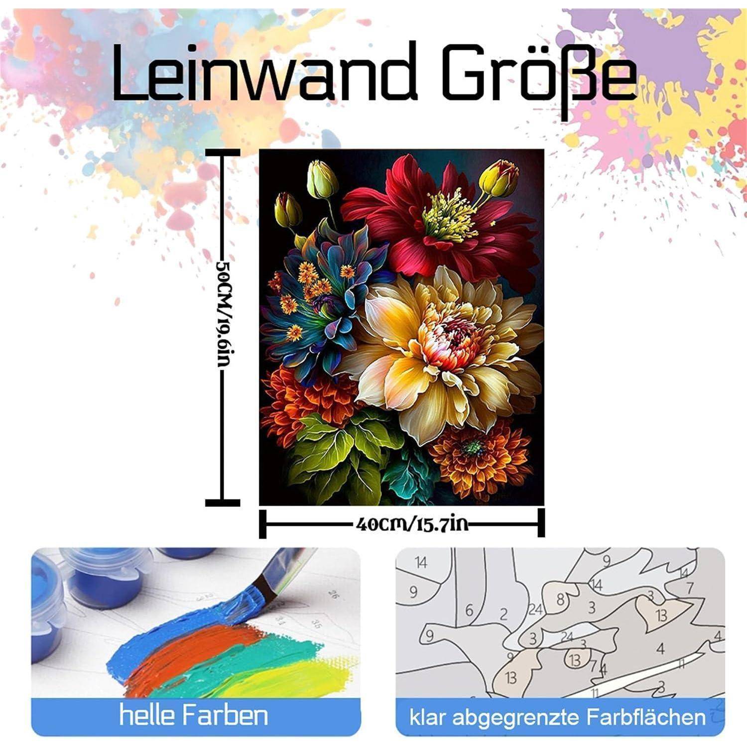 Deutsches Plakat mit Leinwandgröße 50 cm x 40 cm mit einem farbenfrohen Blumengemälde und Beispielen mit den Bezeichnungen „helle Farben
