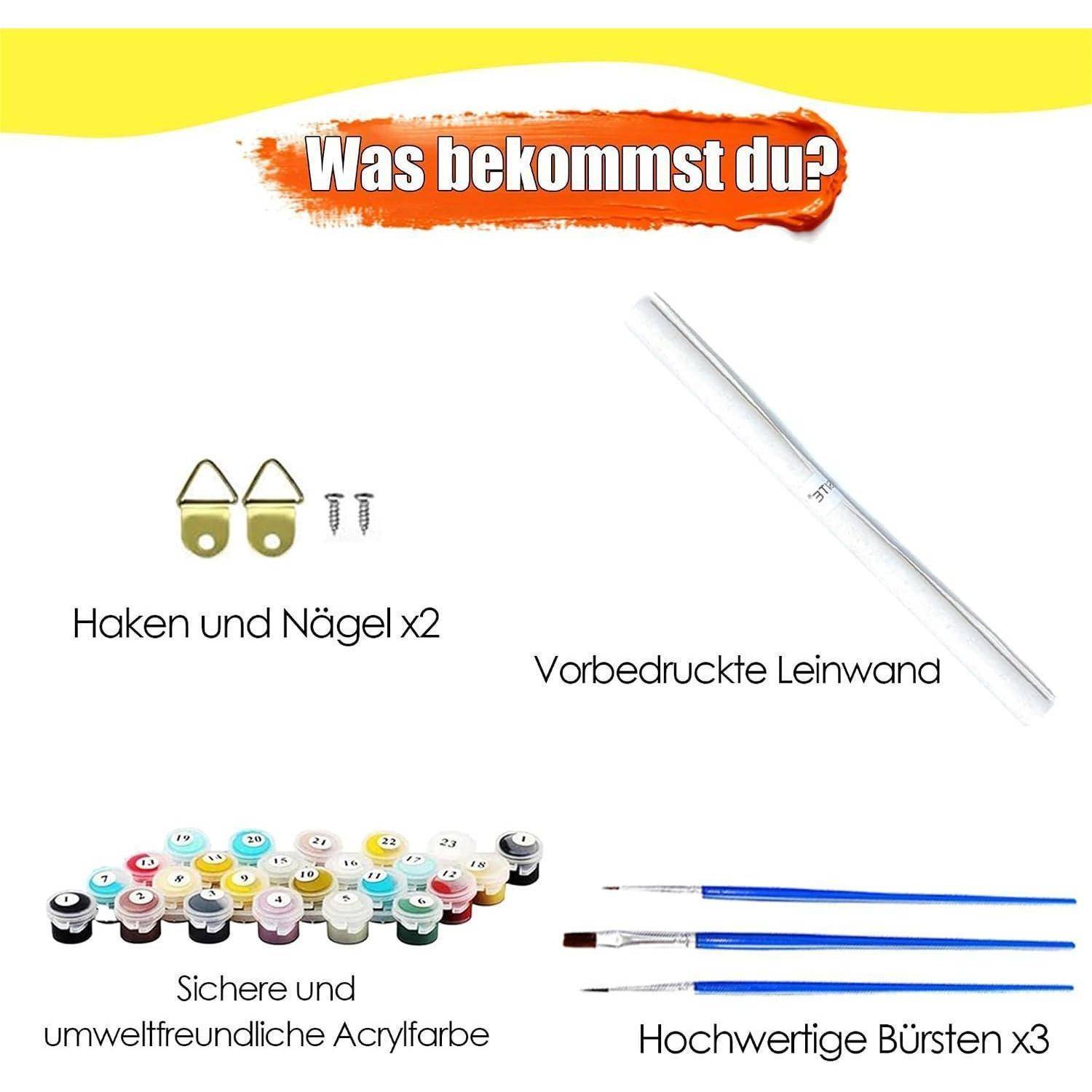 Produktinhalt: zwei Haken und Nägel, eine bedruckte Leinwand, drei hochwertige Pinsel und sichere, umweltfreundliche Acrylfarben.