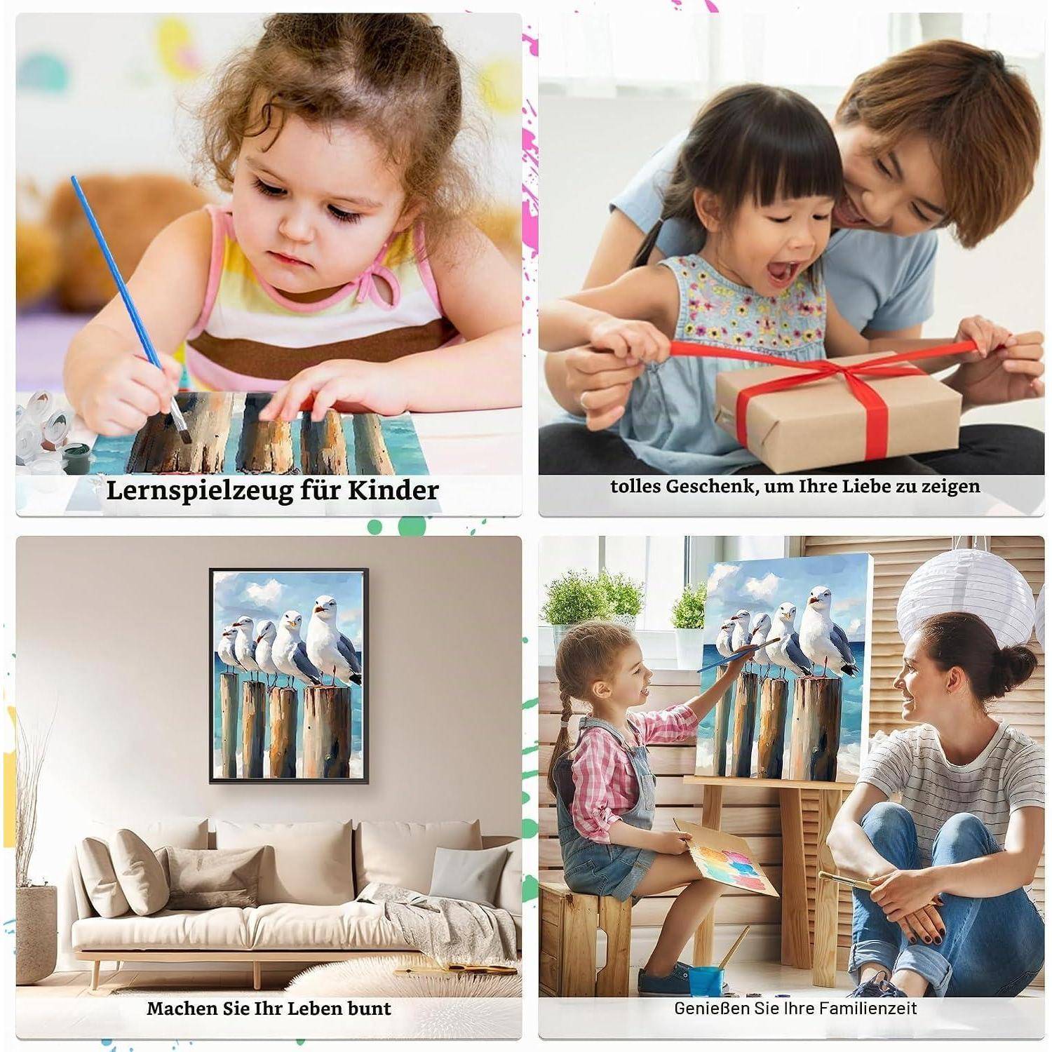 Collage von Kindern und Familienszenen mit deutschen Bildunterschriften zur Bewerbung eines Kinder-Lernspielzeugs, eines Geschenks, farbenfroher Wohnungsdeko und gemeinsamer Familienzeit.