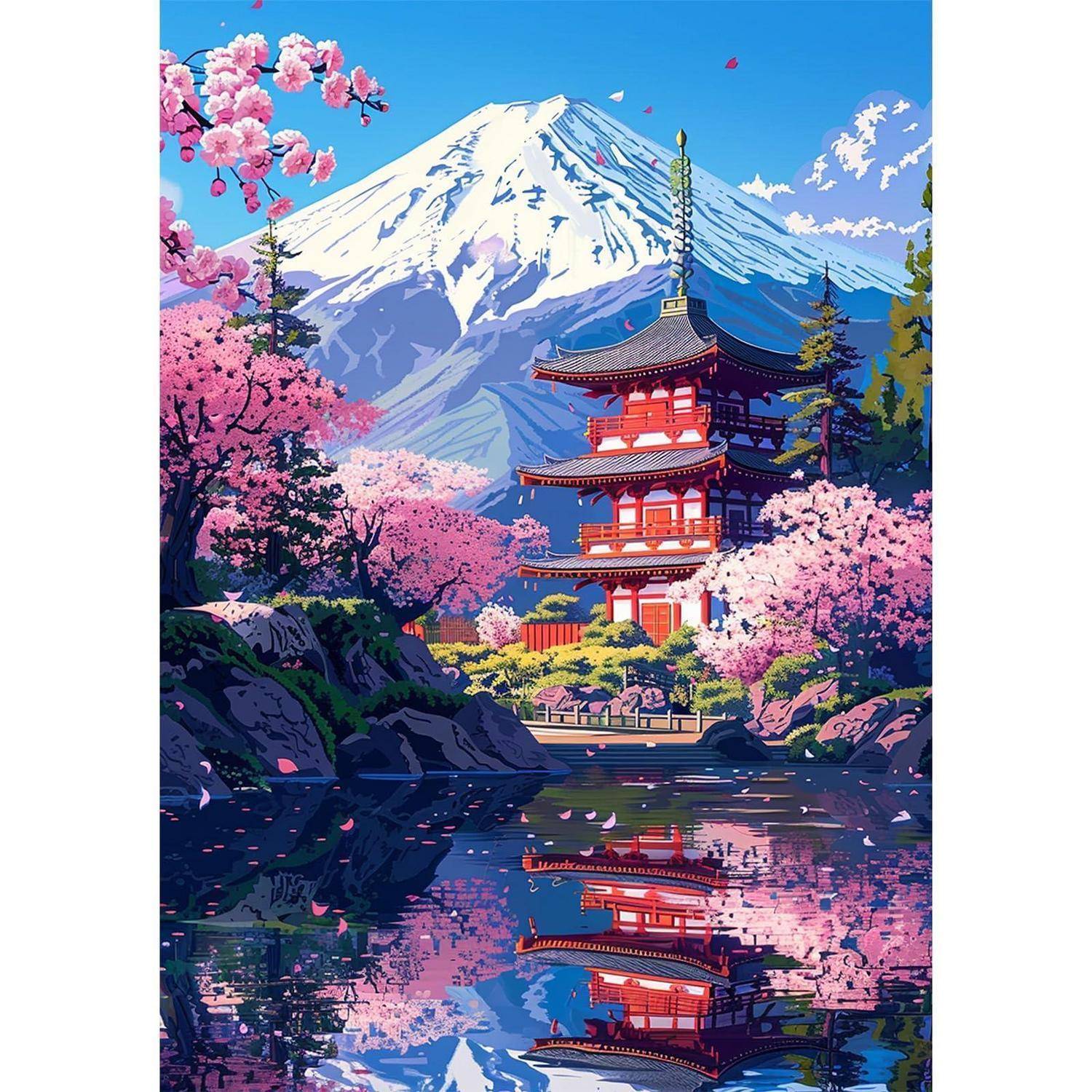 Illustration eines Mount Fuji hinter einer roten Pagode und Kirschblüten, gespiegelt in einem ruhigen See unter einem strahlend blauen Himmel.