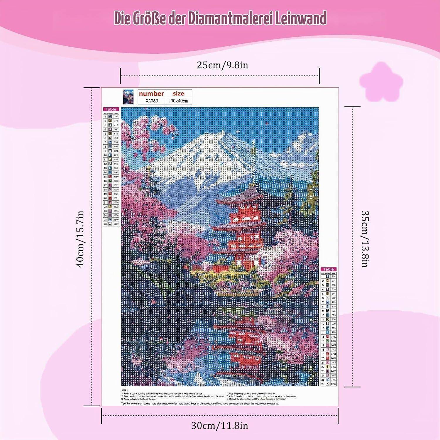 Produktdiagramm mit Abmessungen der Diamantmalerei-Leinwand: 25 cm × 35 cm Bildbereich, 30 cm × 40 cm Gesamtgröße, mit einem landschaftlichen Tempel- und Bergdesign.