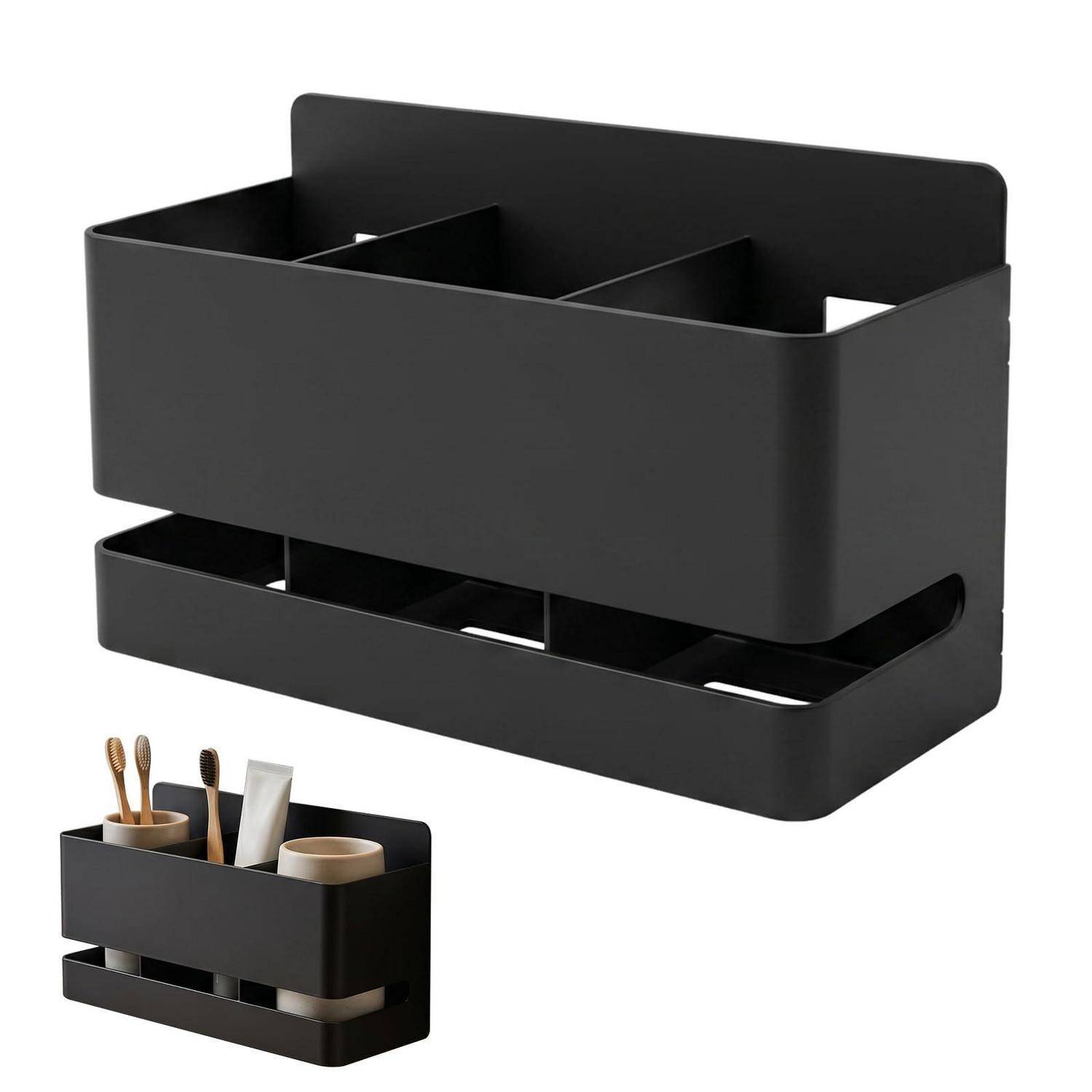 Schwarzer, an der Wand montierter Organizer mit mehreren Fächern und einem unteren Tablett, gezeigt in großen und kleinen Größen auf weißem Hintergrund.