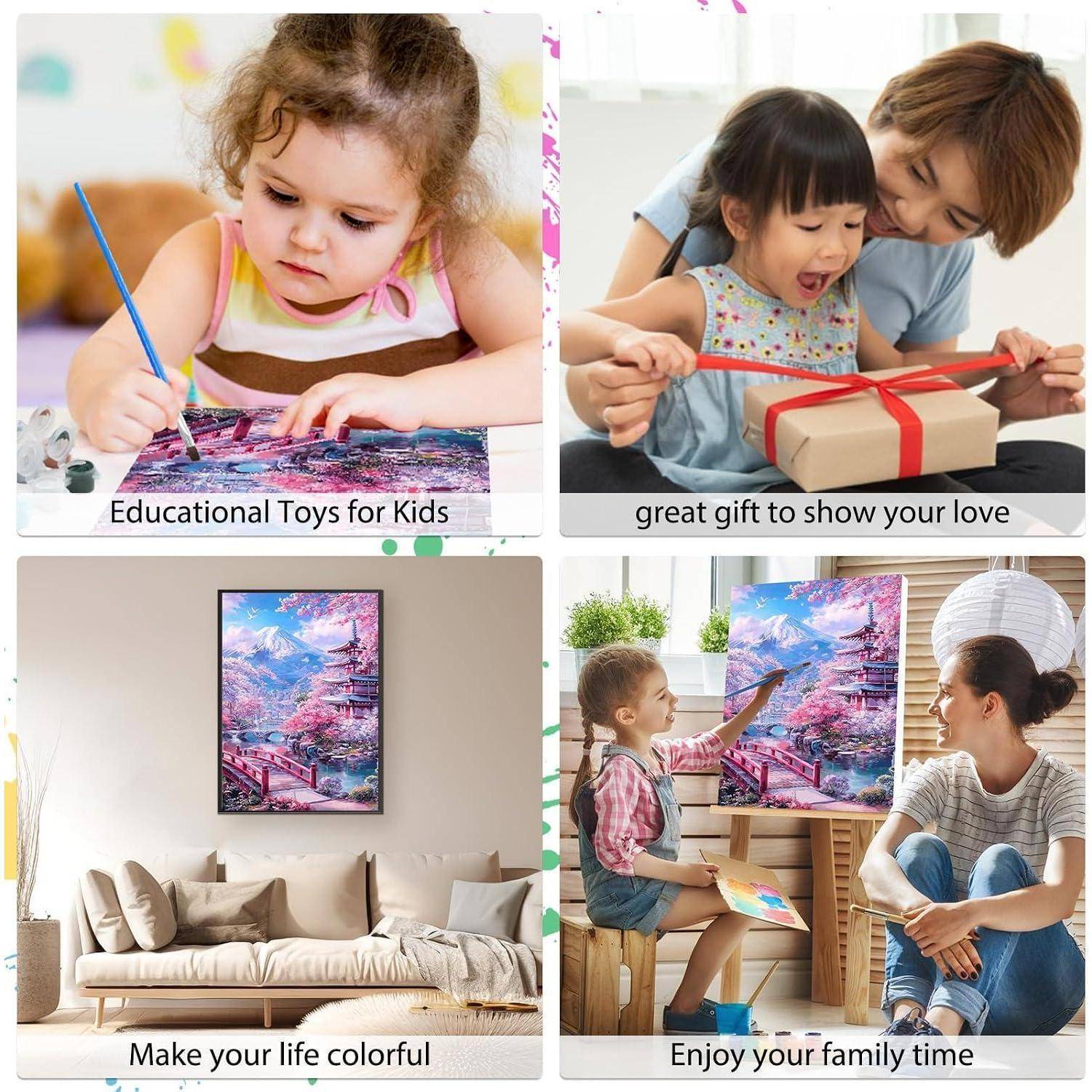 Vierteiliges Lifestyle-Kollage: Kind malt, Eltern und Kind öffnen ein Geschenk, bunte Wandkunst in einem Wohnzimmer, und eine Familie malt gemeinsam mit Unterschriften, die Spielzeug, Geschenke, Wohndekor und gemeinsame Familienzeit fördern.