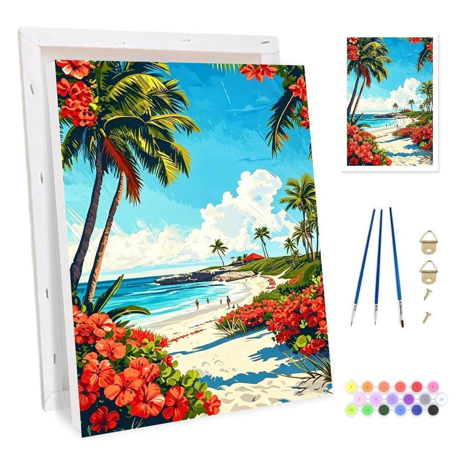 Malen-nach-Zahlen Strandszenen-Set mit tropischer Küstenlinie, Palmen und Blumen, plus Referenzbild, Pinsel, Haken und Farbtöpfe.