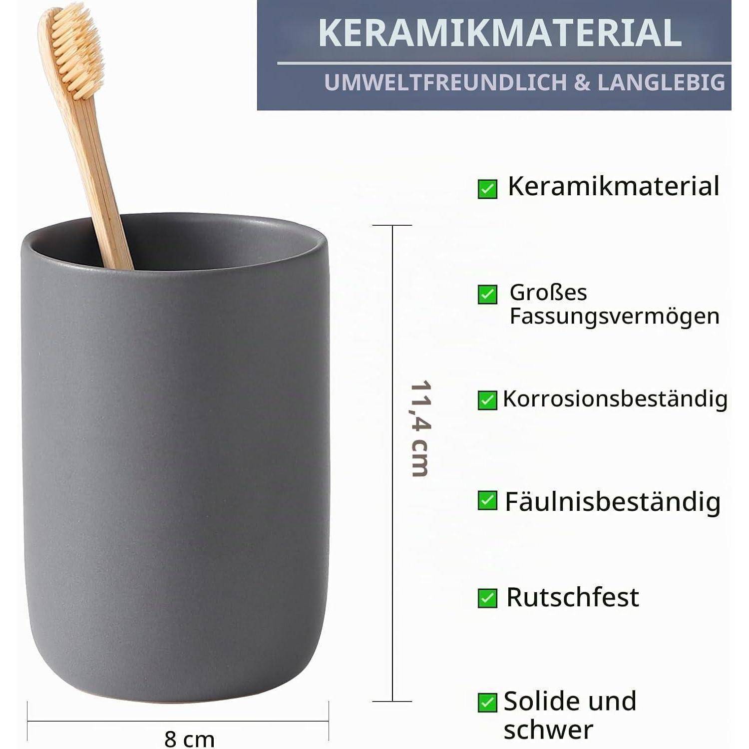 Grauer Keramik-Zahnbürstenhalter mit Bambuszahnbürste; mit dem Etikett 