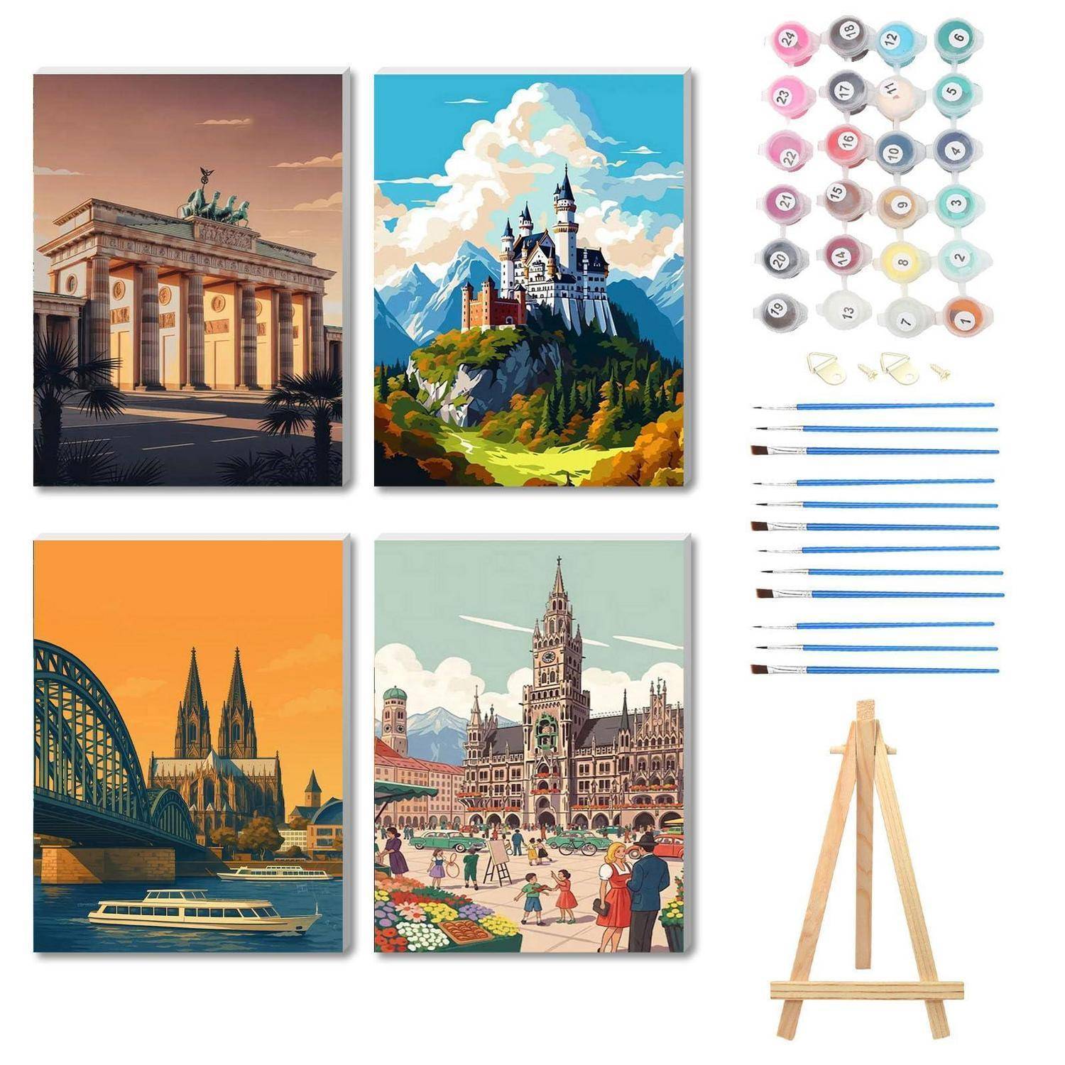 Collage aus vier Gemälden im Reisestil: Brandenburger Tor, ein Bergschloss, der Kölner Dom mit einer Brücke und einem Boot, sowie ein Stadtplatz mit Kathedrale, ergänzt durch Kunstmaterialien und eine Staffelei.
