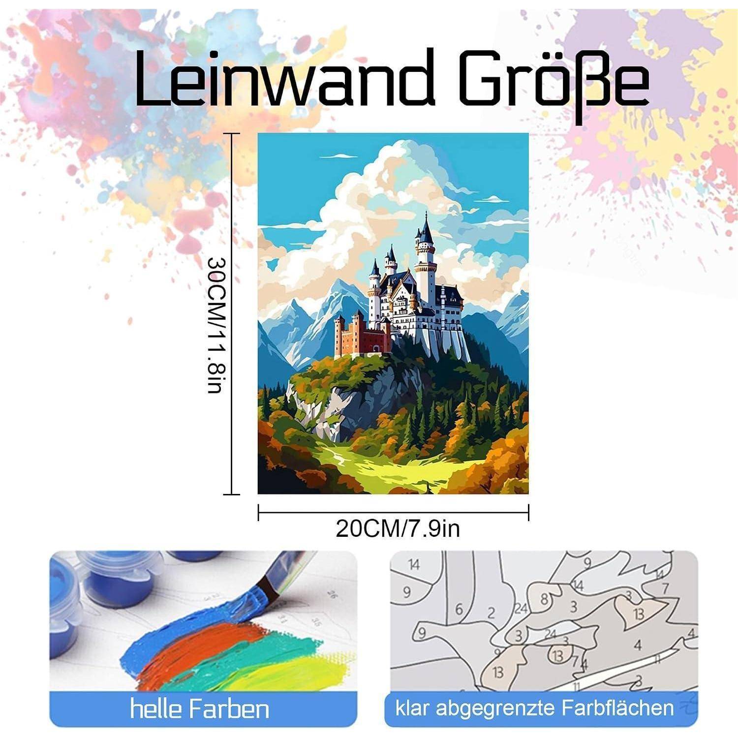 Produktgrafik mit Leinwandgröße 30 cm x 20 cm und Beispielkunstwerk, mit Nahaufnahmedetails, die helle Farben und klar definierte Farbflächen hervorheben.