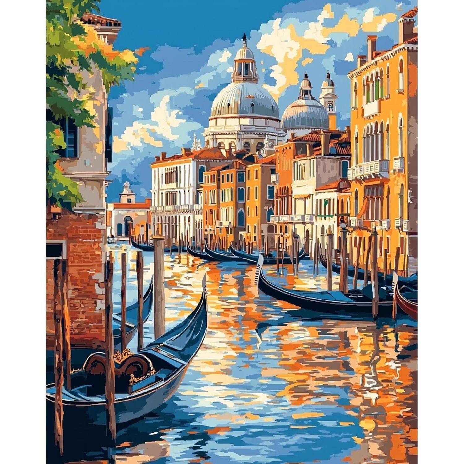 Buntes Gemälde eines Kanals in Venedig mit Gondeln, historischen Gebäuden und einer Kuppelbasilika unter hellem Himmel.