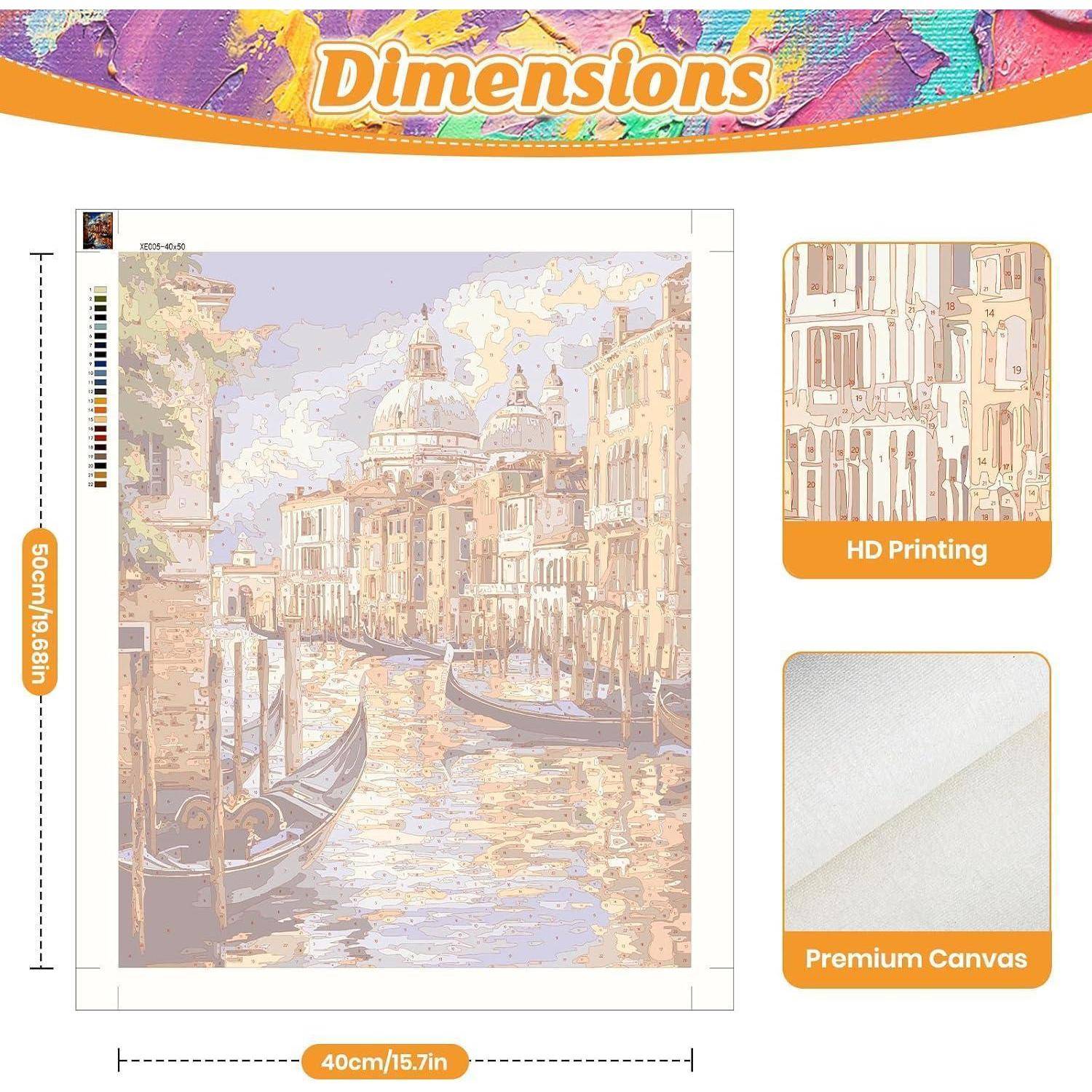 Produktbild mit einem 40cm x 60cm Leinwanddruck einer Venezianer Kanalszene, mit Nahaufnahme-Beschriftungen für „HD-Druck