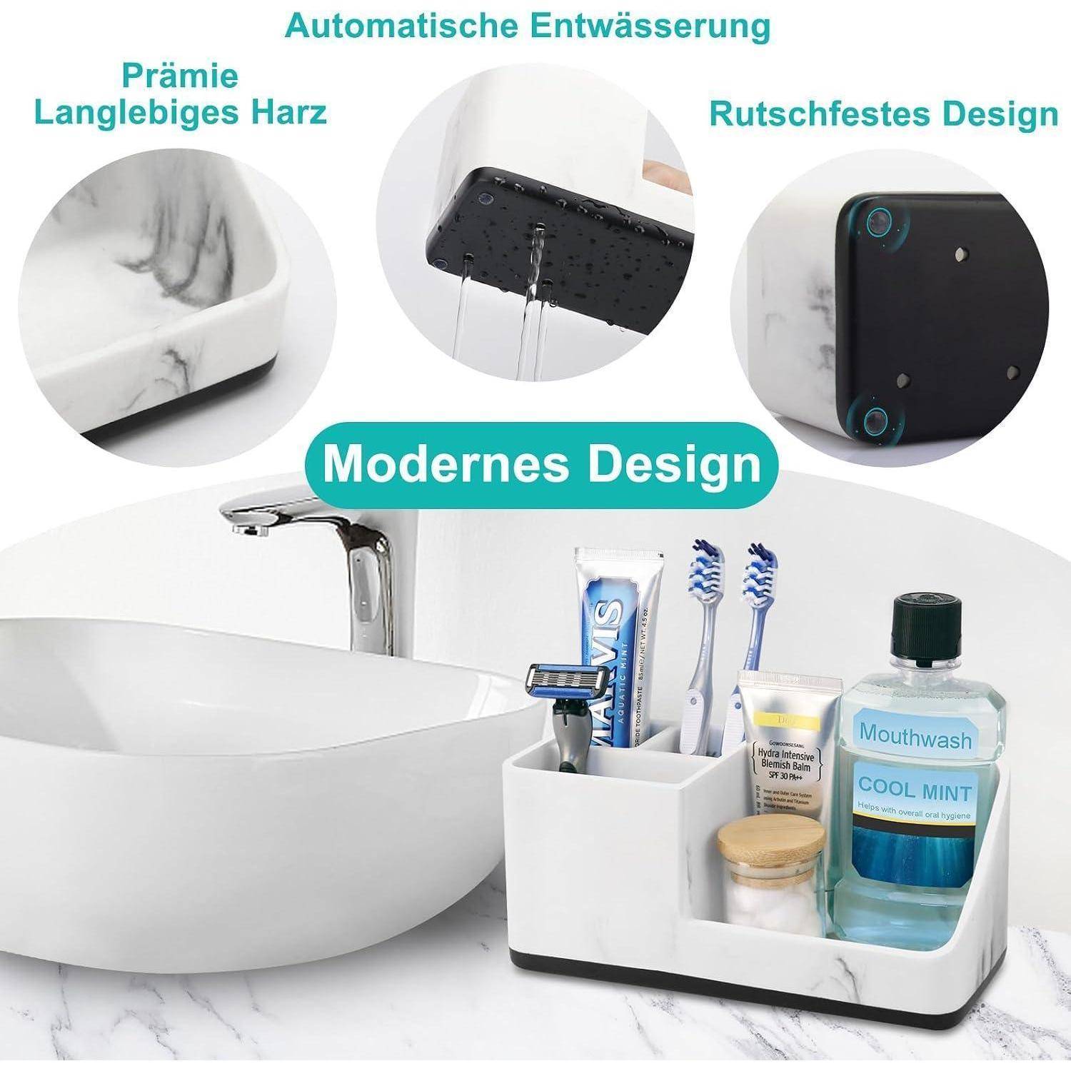 Badezimmer-Zubehörset mit Waschbecken und Zahnbürstenhalter, Seife, Zahnpasta und Mundwasser; hebt automatische Drainage, rutschfestes Design, langlebiges Harz und modernes Design hervor.