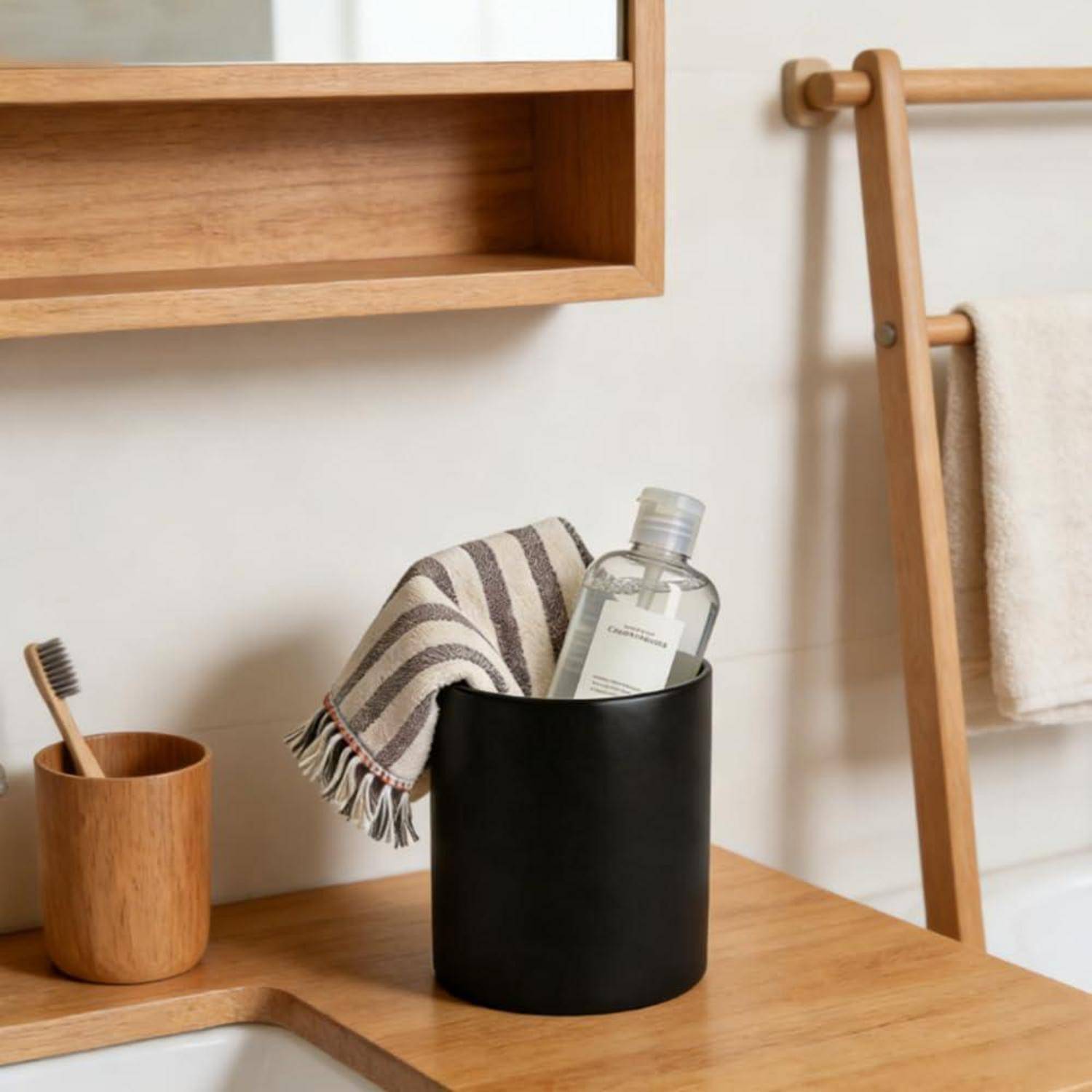 Badezimmer-Arbeitsplatte mit einem schwarzen Behälter für Toilettenartikel und einem gestreiften Handtuch daneben, neben einem hölzernen Zahnbürstenbecher und einem Handtuchständer.