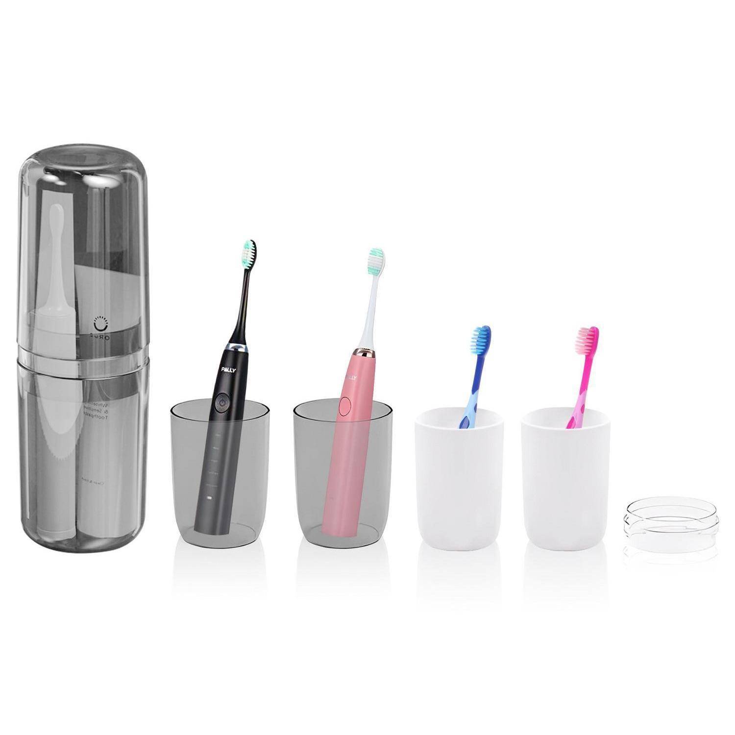 Tragbarer Zahnbürstenhalter mit integrierter Reiseetui, aufgeklappt gezeigt, plus Zahnbürsten in dunkelgrau, rosa, blau und rosa Bechern.