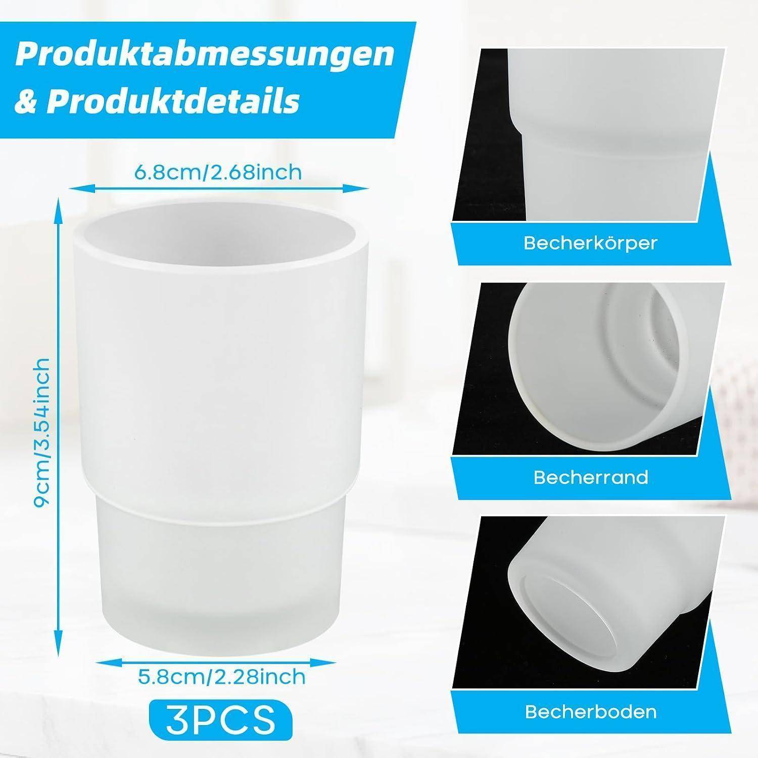 Produktmessungen und Detaildiagramm für eine weiße Tasse: Höhe 9 cm, oberer Durchmesser 6,8 cm, Basis 5,8 cm, Set à 3 Stück; Nahaufnahmen von Körper, Rand und Boden.