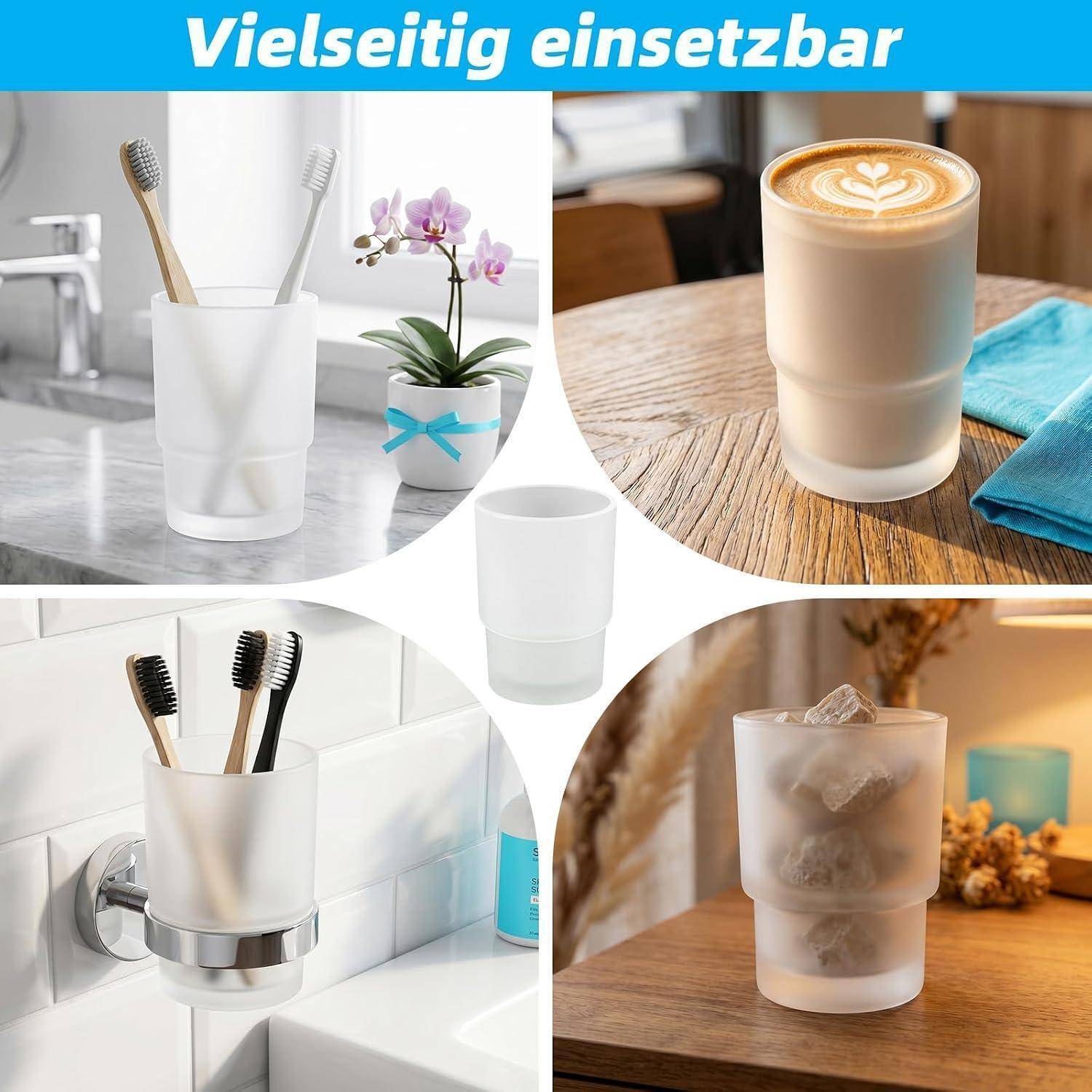 Collage mit einem mattweißen wiederverwendbaren Becher, der für Zahnbürsten, einen Latte und eisgekühlte Getränke verwendet wird, die vielseitige Verwendungsmöglichkeiten zeigt.