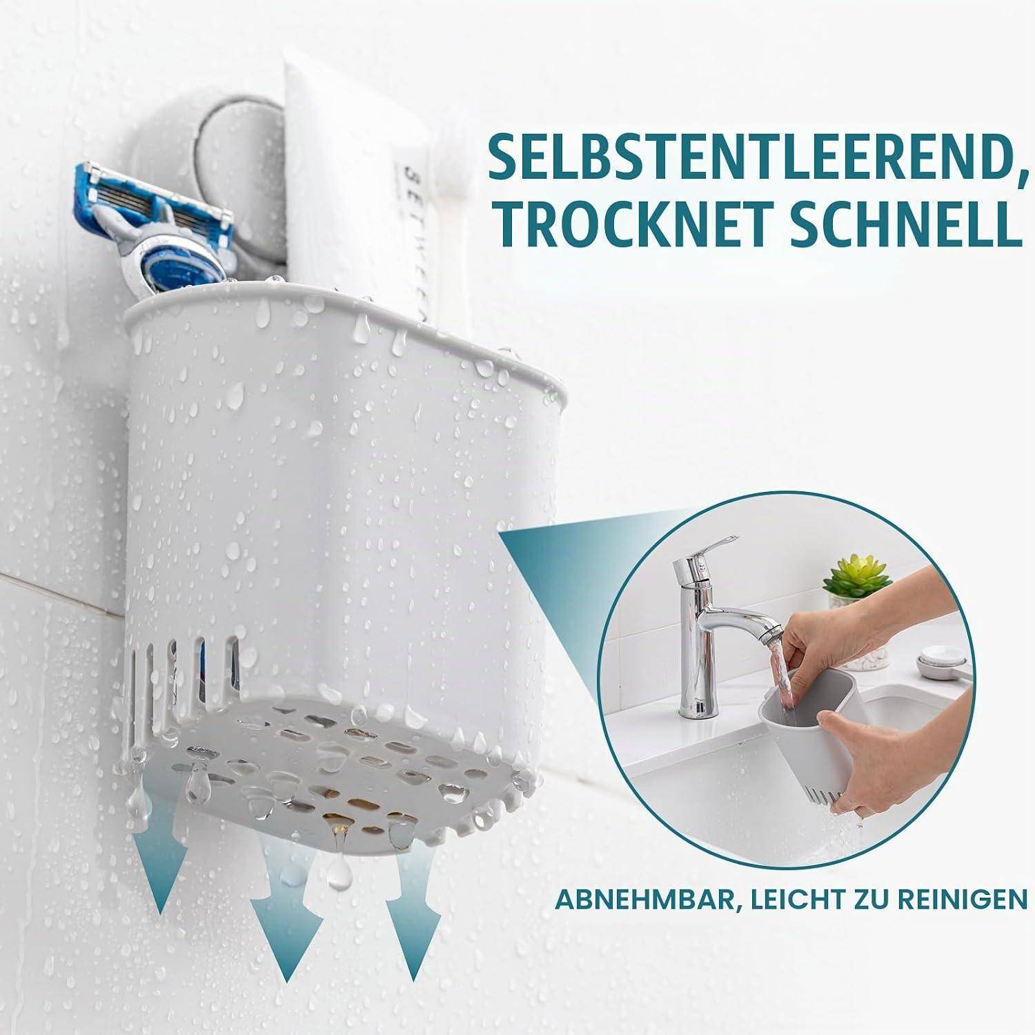 Grauer Badezimmer-Aufbewahrungskorb mit Drainagelöchern und Aufhängehaken, dargestellt nass mit Pflegeutensilien im Inneren; Deutscher Text sagt „selbstentwässernd, trocknet schnell