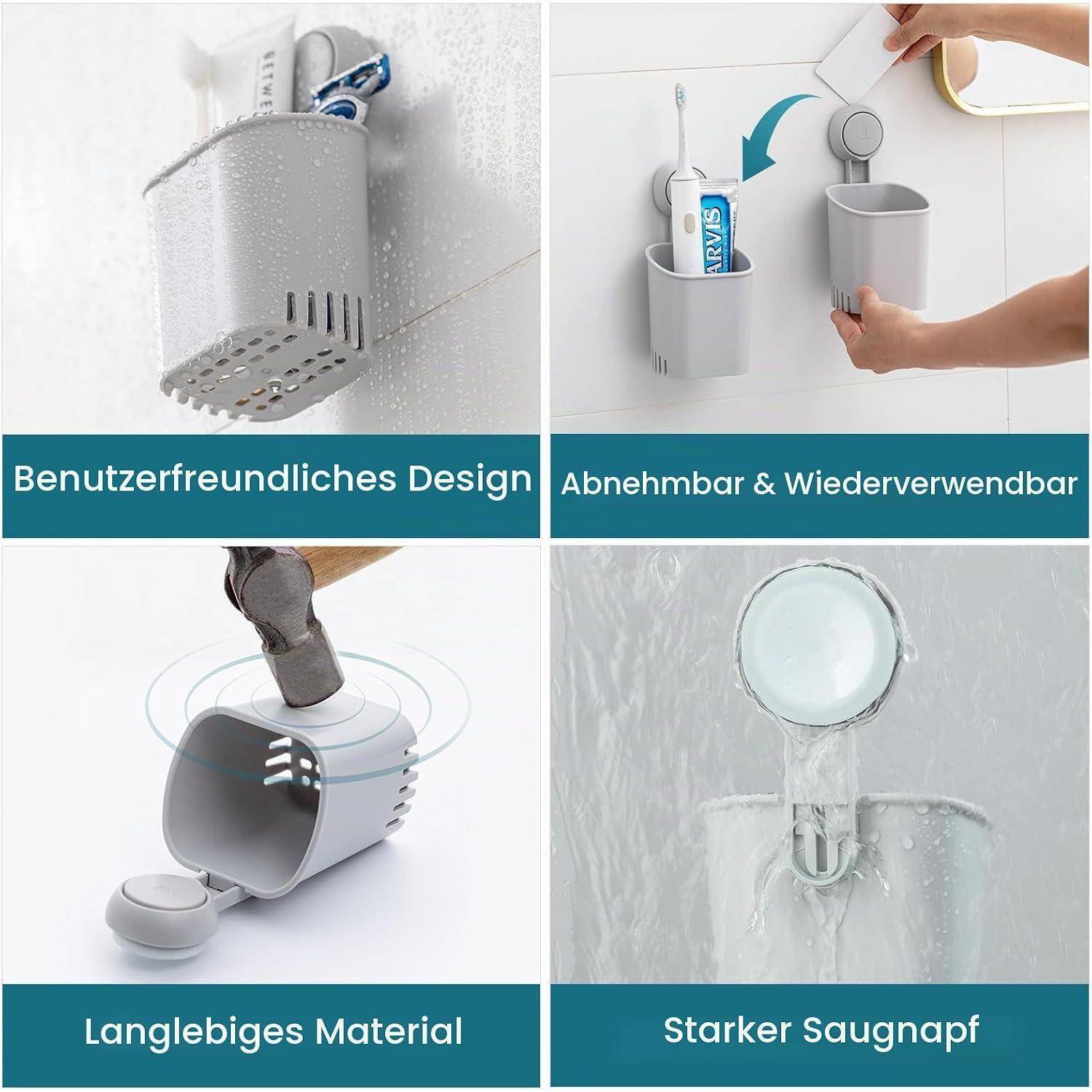 Produktbild zeigt ein wandmontiertes Badezimmer-Organizer mit vier Funktionen: benutzerfreundliches Design, abnehmbar und wiederverwendbar, strapazierfähiges Material und starker Saugnapf.