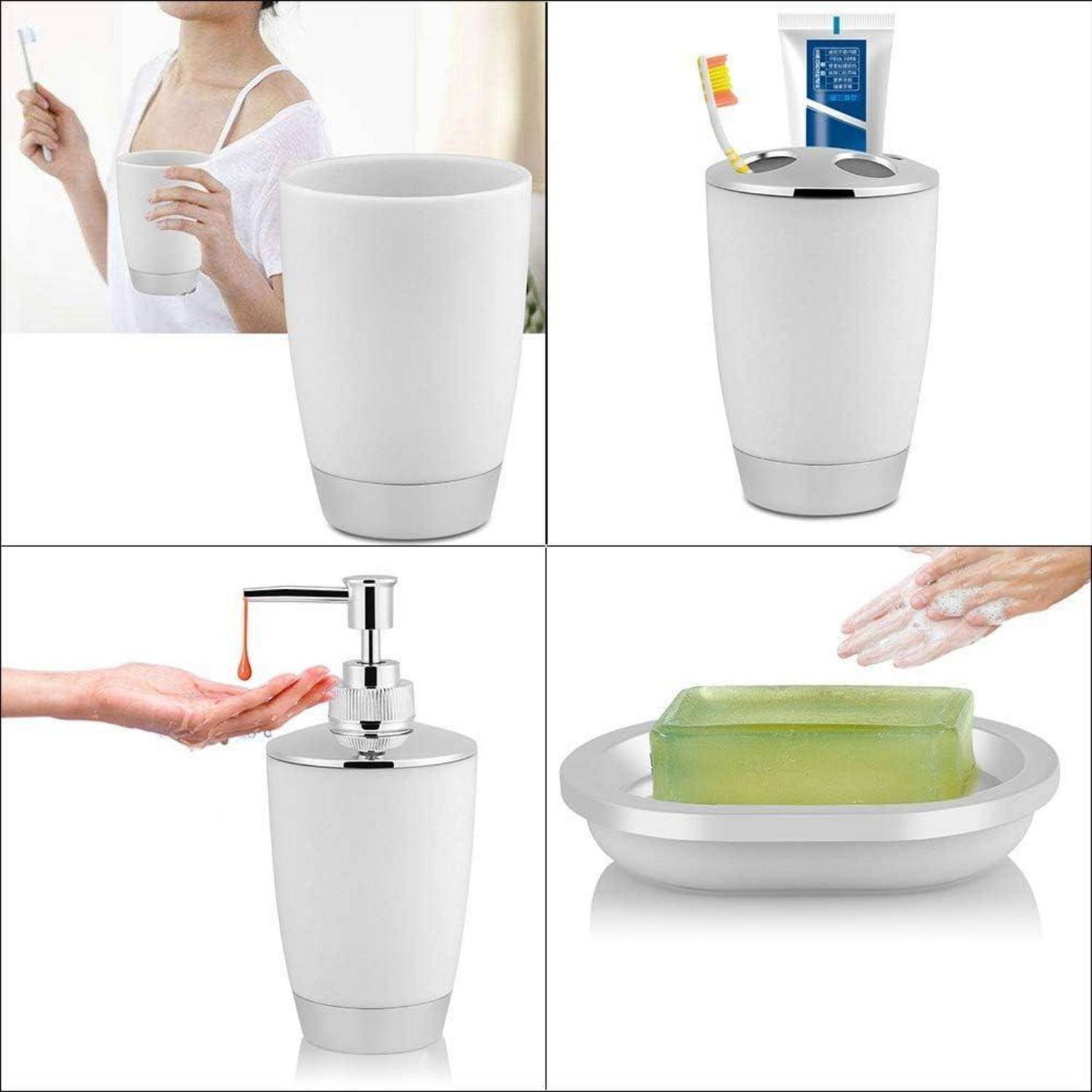 Vierteiliges Bild zeigt einen weißen Badezimmer-Zahnputzbecher/Seifenspender, der für Zahnbürsten, Zahnpasta, Flüssigseife und ein Stück Seife verwendet wird.