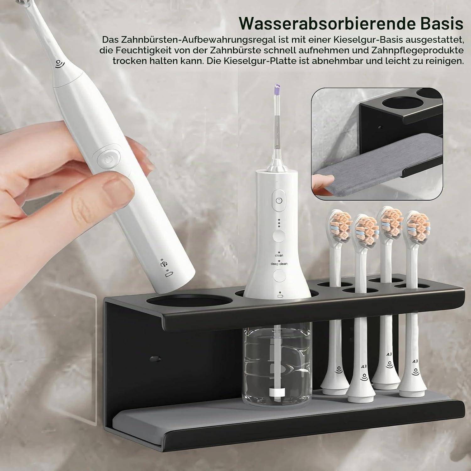 Zahnbürsten-Aufbewahrungsständer mit absorbierendem Sockel zum Halten von elektrischen Zahnbürsten und Köpfen; deutscher Text besagt, dass der feuchtigkeitsabsorbierende Sockel die Bürsten trocken hält und zum Reinigen entfernt werden kann.