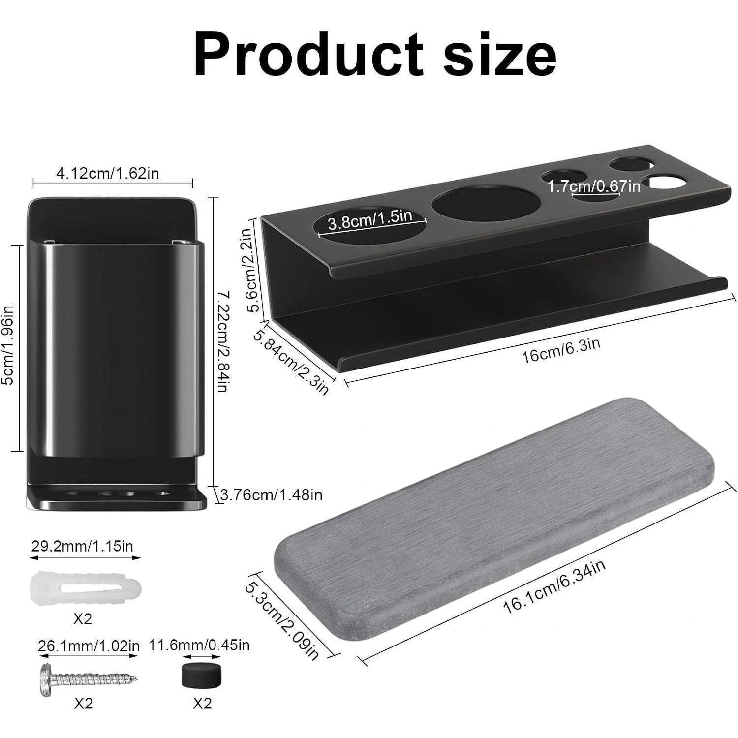 Produktgrößendiagramm, das eine schwarze wandmontierte Halterung, ein Tablett und eine Abdeckung mit Abmessungen sowie zwei Schrauben und Dübel zeigt.