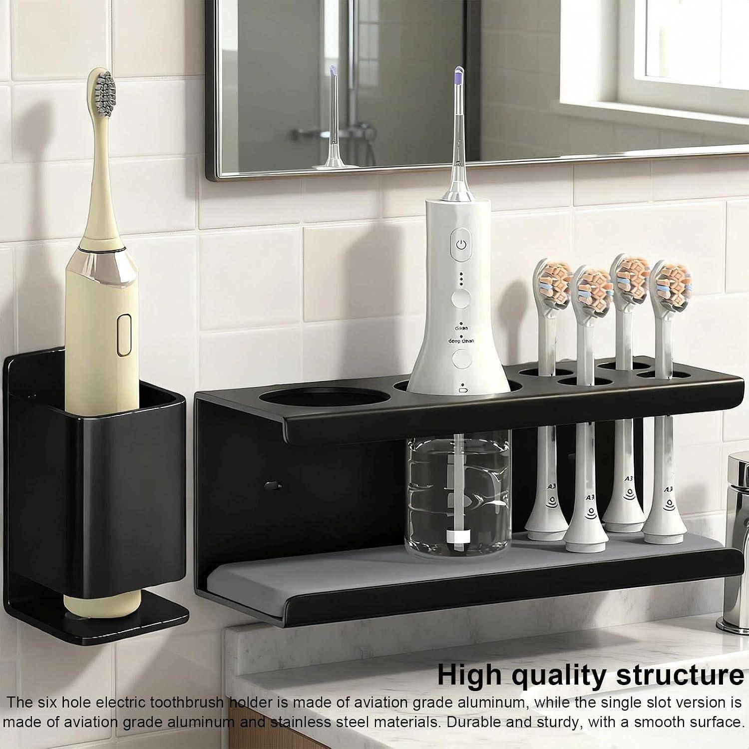 Badezimmer-Waschtisch-Zahnbürstenorganizer zum Halten von elektrischen Zahnbürsten und einem Wasserbecher, mit sechs Bürstenfächern und einem wandmontierten Halter.