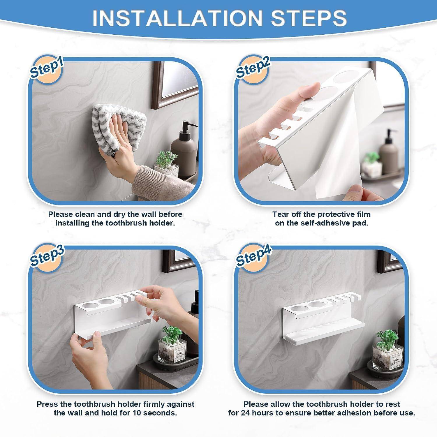 Installationsschritte-Infografik für einen Zahnbürstenhalter: Wand reinigen, Schutzfolie abziehen, Halter 10 Sekunden lang an die Wand drücken, dann 24 Stunden ruhen lassen, bevor Sie ihn verwenden.
