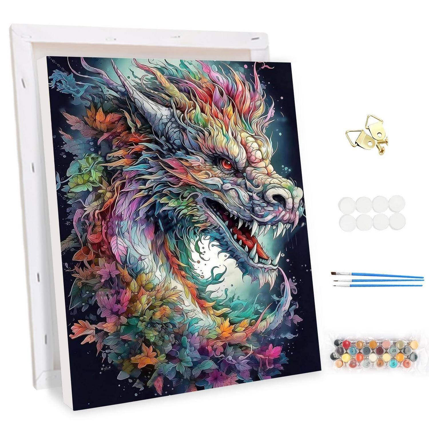 Farbenfroher Drachen-Diamantmalerei-Set auf einer Leinwand, gezeigt mit Befestigungsmaterial, Wachs, Stiften und Edelsteinperlen zur Montage.