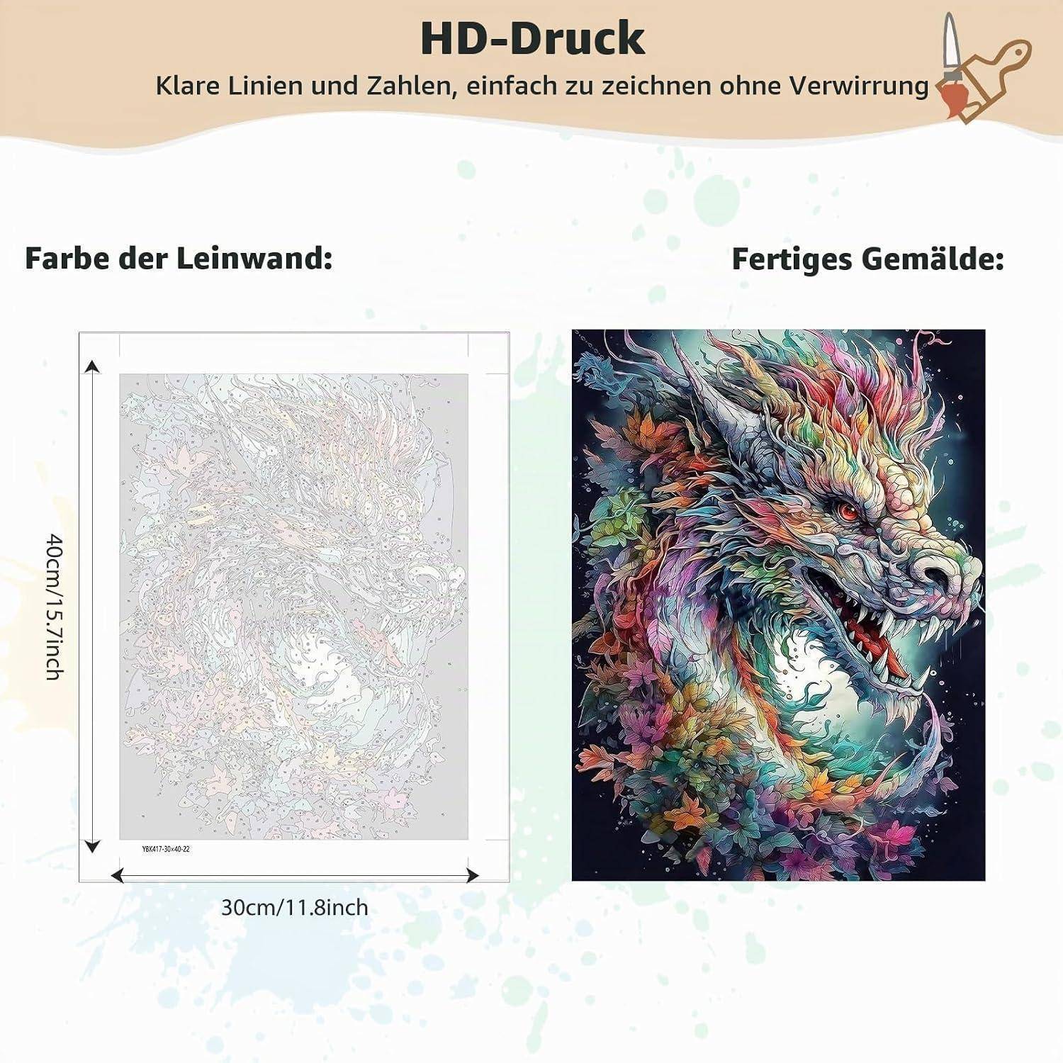 Werbevergleich von HD-Druck-Leinwand und fertigem Drachen-Gemälde, mit schwacher Kontur auf der linken Seite und farbigem detailliertem Drachen-Porträt auf der rechten Seite; Größe mit 40 cm mal 30 cm gekennzeichnet.