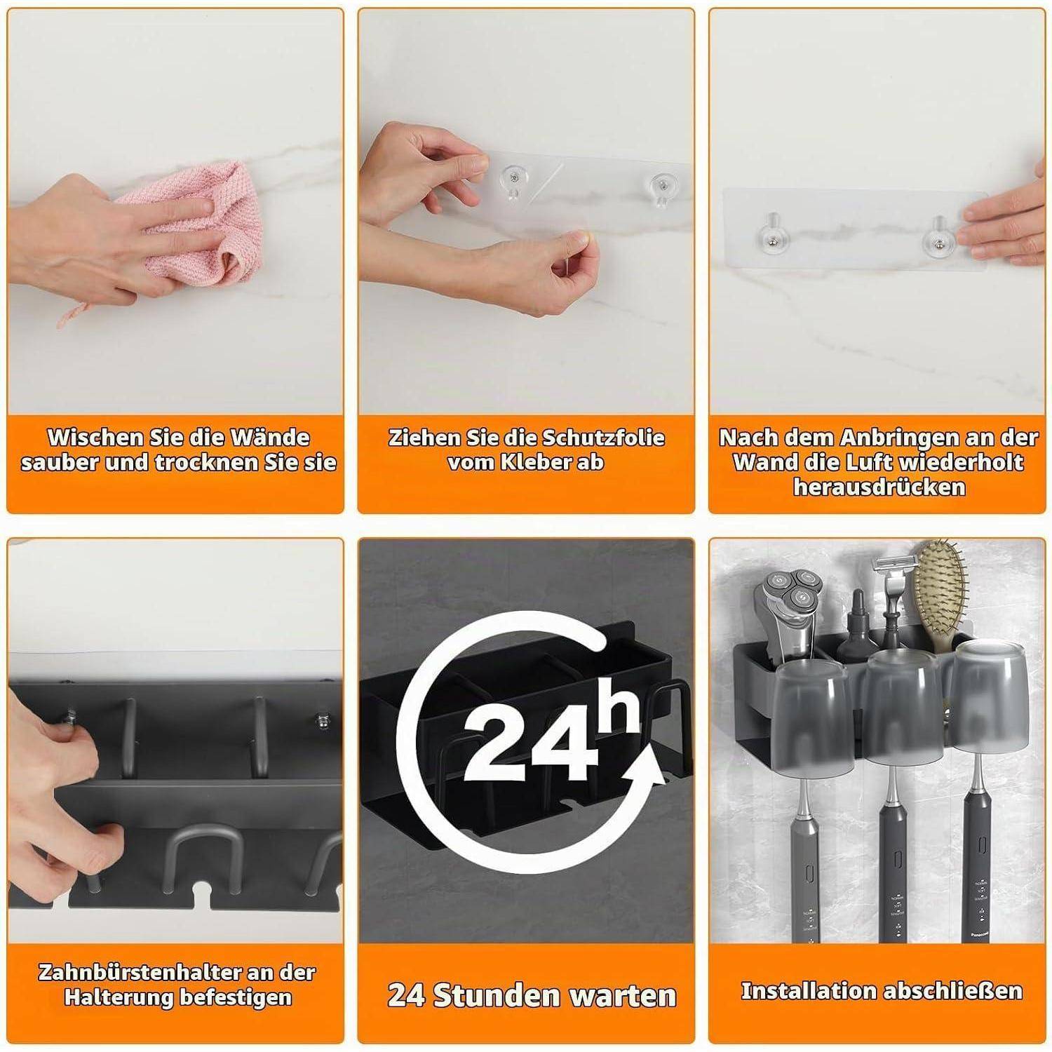 Sechsstufige deutsche Installationsanleitung für einen wandmontierten Badezimmerorganizer: Wand reinigen, Klebstoff abziehen, Luft herausdrücken, Zahnbürstenhalter anbringen, 24 Stunden warten, dann den installierten Halter verwenden.