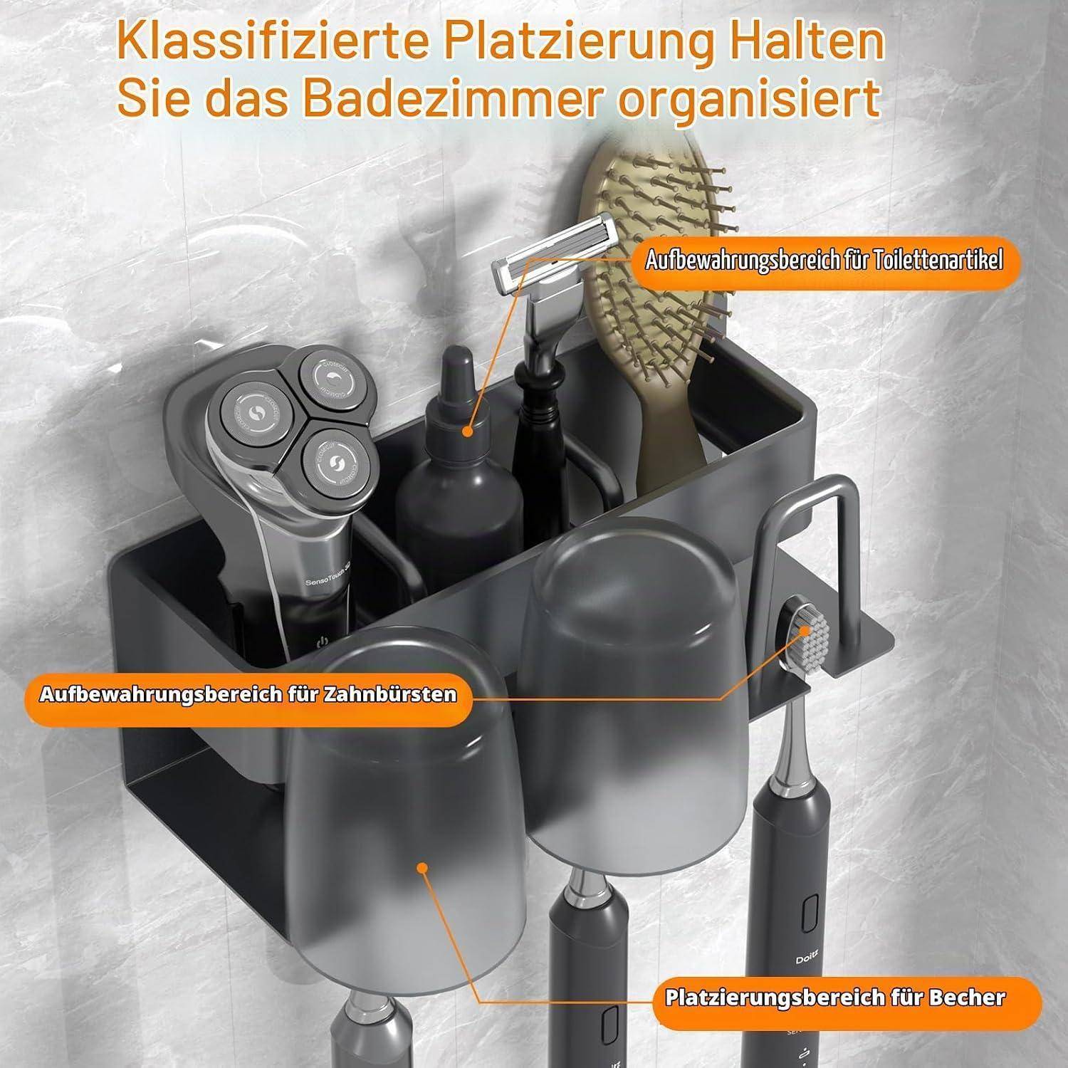 Badezimmer-Organizer mit beschrifteten Lagerbereichen für Zahnbürsten, Toilettenartikel und Tassen, zeigt ein ordentliches Ablagetablett auf der Arbeitsplatte mit Haltern für Rasierer, Flaschen, Kamm und Tassen.