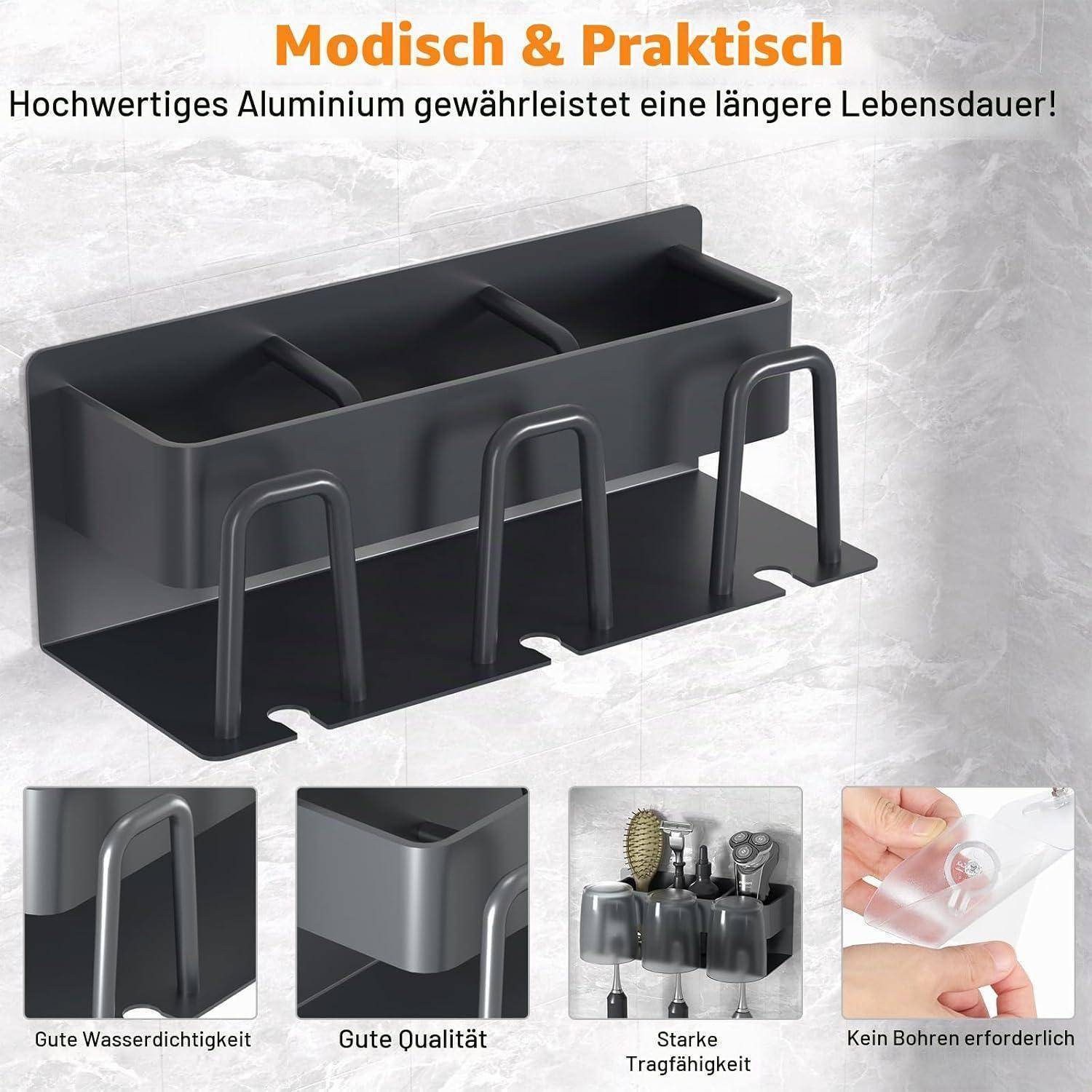 Schwarzer, wandmontierter Duschkorb aus Aluminium mit Haken, gekennzeichnet mit „Modisch & Praktisch