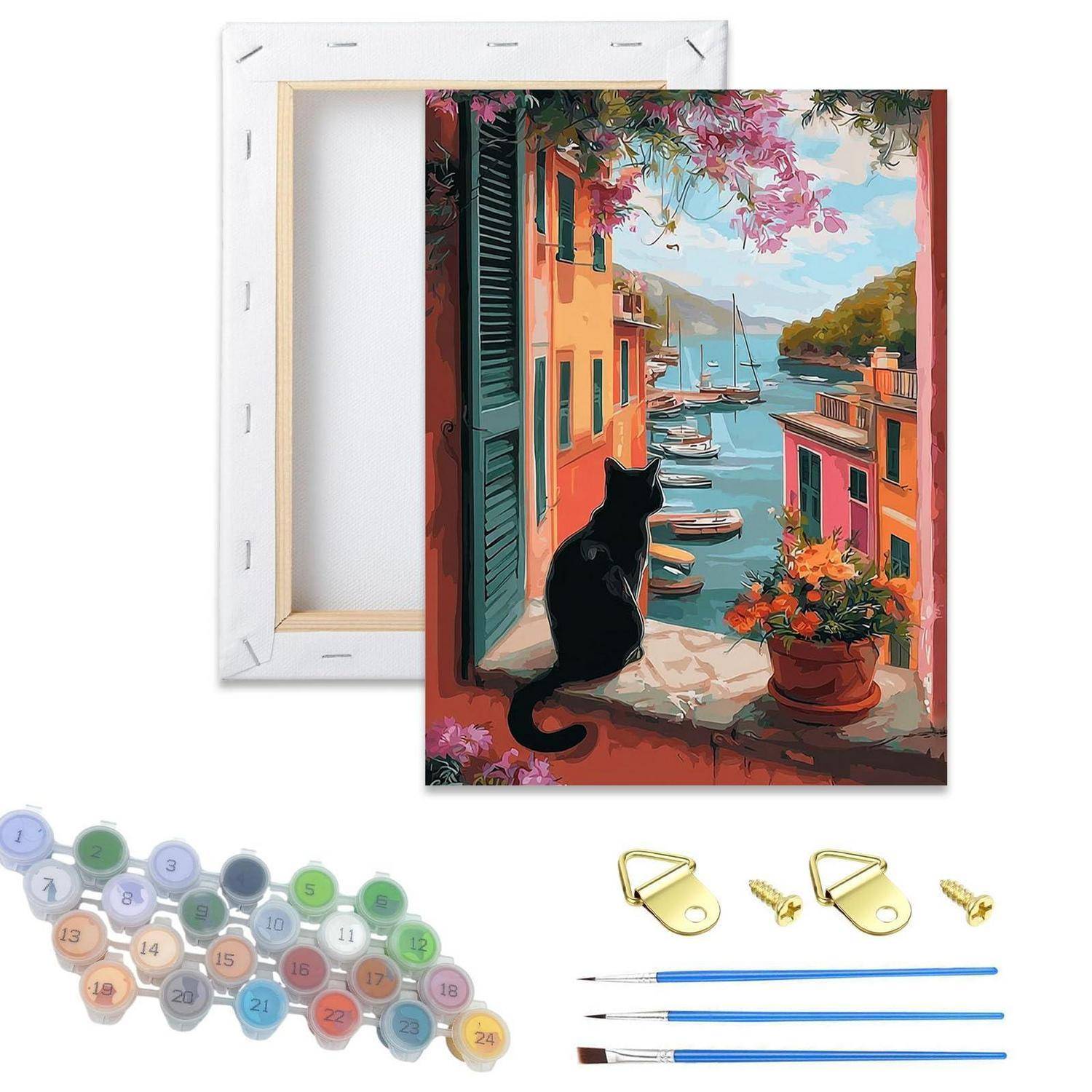 DIY Malen-nach-Zahlen-Set mit einer Stranddorf-Szene und schwarzer Katze auf Leinwand, plus leerer Rahmen, nummerierten Farbtöpfen, Pinseln und Aufhängehardware.