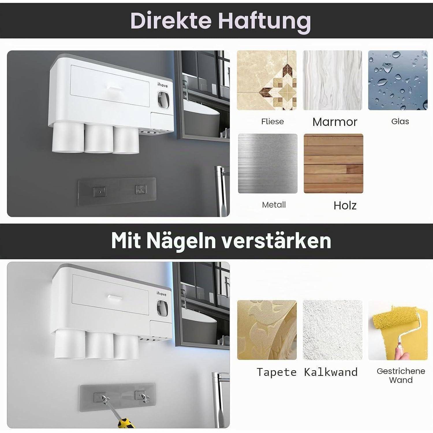 iHave Zahnbürstenhalter Wand mit Zahnpastaspender & Schublade, Multi Toothbrush Holder für Elektrische Zahnbürsten, Große Halterung ohne Bohren,