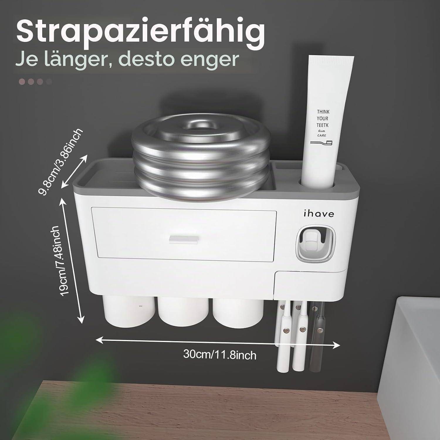 Weißer wandmontierter Organizer mit Schublade, Röhren, Zahnbürstenhalter und gestapelten Metallschalen; gekennzeichnete Abmessungen zeigen 30 cm Breite und 19 cm Höhe.