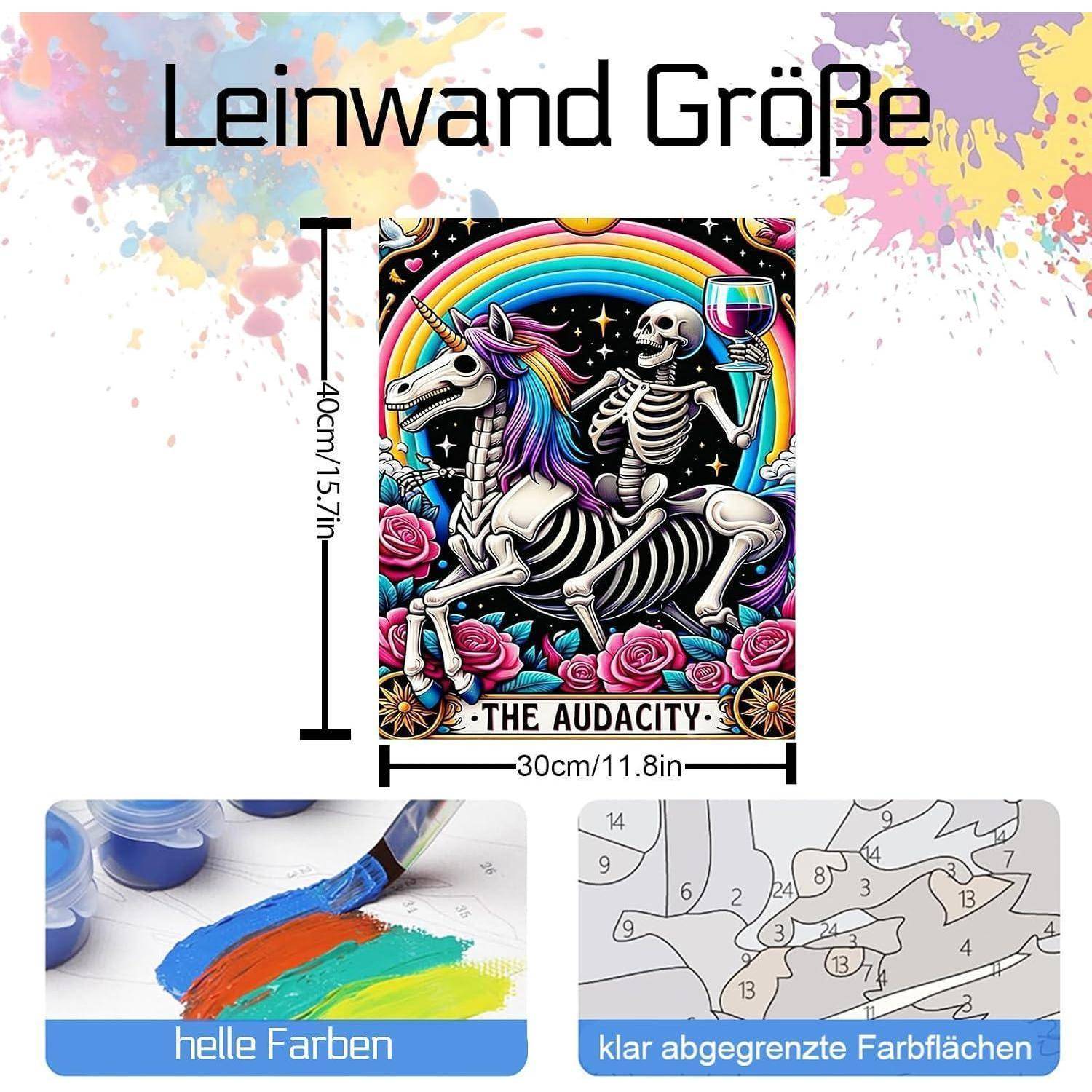 Größenleitfaden für einen Leinwanddruck mit einem 40 cm x 30 cm großen Kunstwerk, das ein Skelett zeigt, das auf einem Einhorn reitet, und dem Text „THE AUDACITY