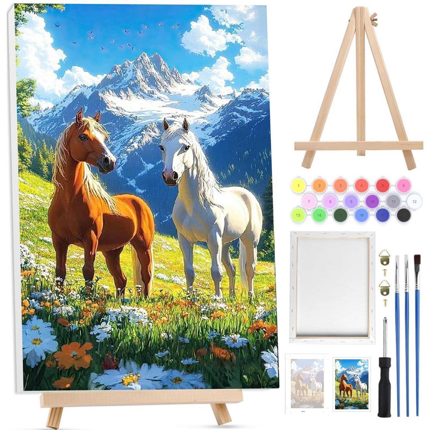 Malen-nach-Zahlen-Kunstset mit zwei Pferden auf einer Bergwiese, mit Leinwand auf einer Staffelei und enthaltenen Farben, Pinseln und Werkzeugen.