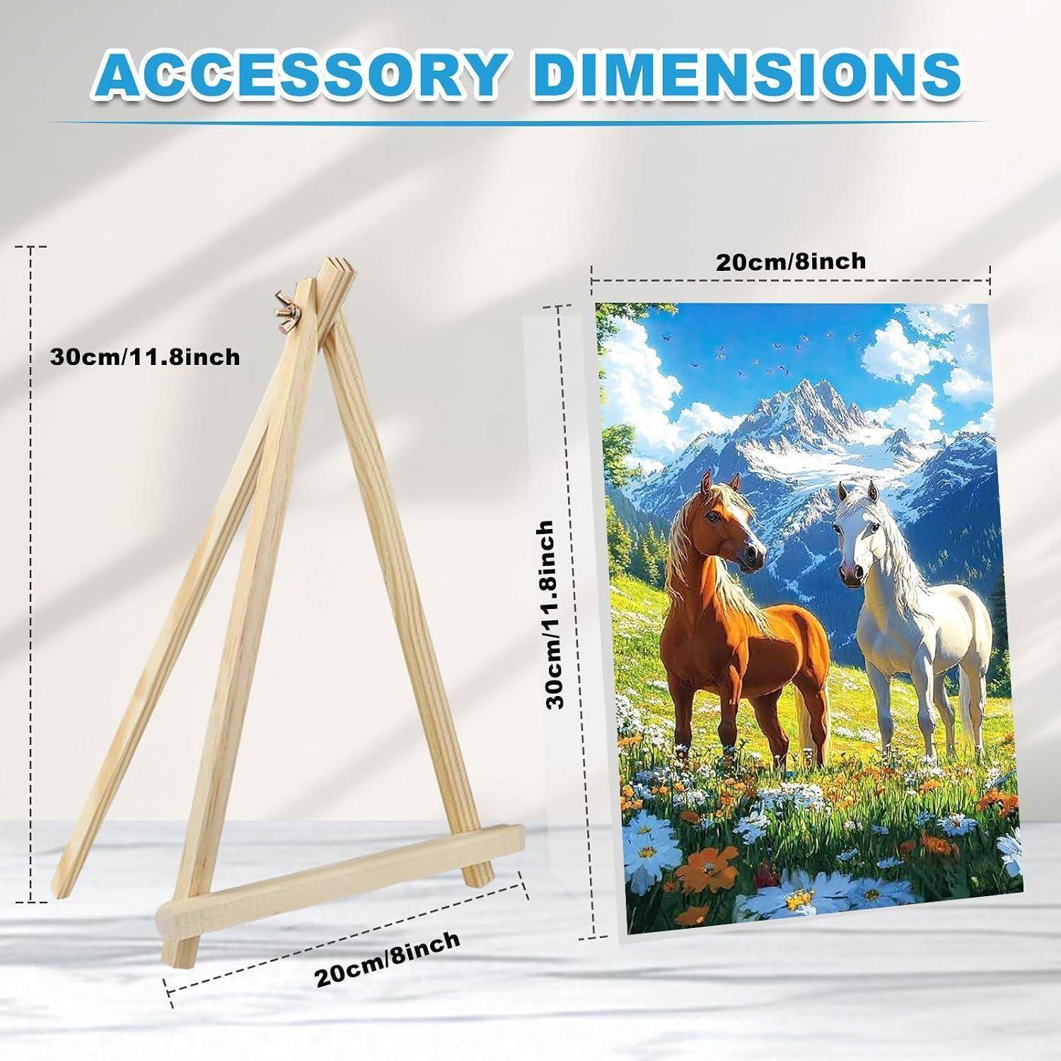 Zubehörabmessungen-Grafik mit einer Holz-Tischplattenstaffelei und Leinwand, beide 30 cm hoch und 20 cm breit, mit Beschriftungen von 8 Zoll und 11,8 Zoll.