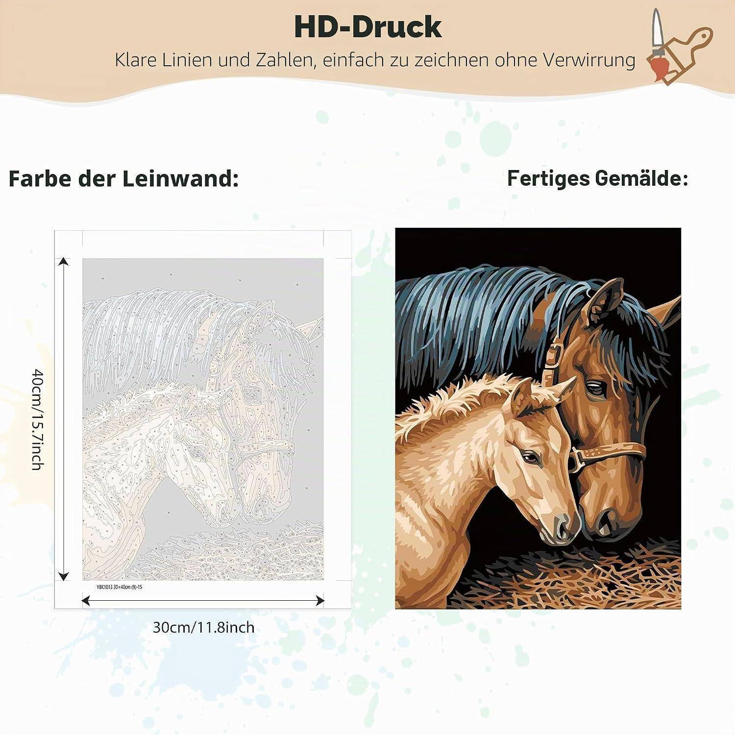 Werbegrafik mit einer Paint-by-Numbers-Leinwand und dem fertigen Pferdegemälde, gekennzeichnet mit der Leinwandgröße 30 cm × 40 cm.