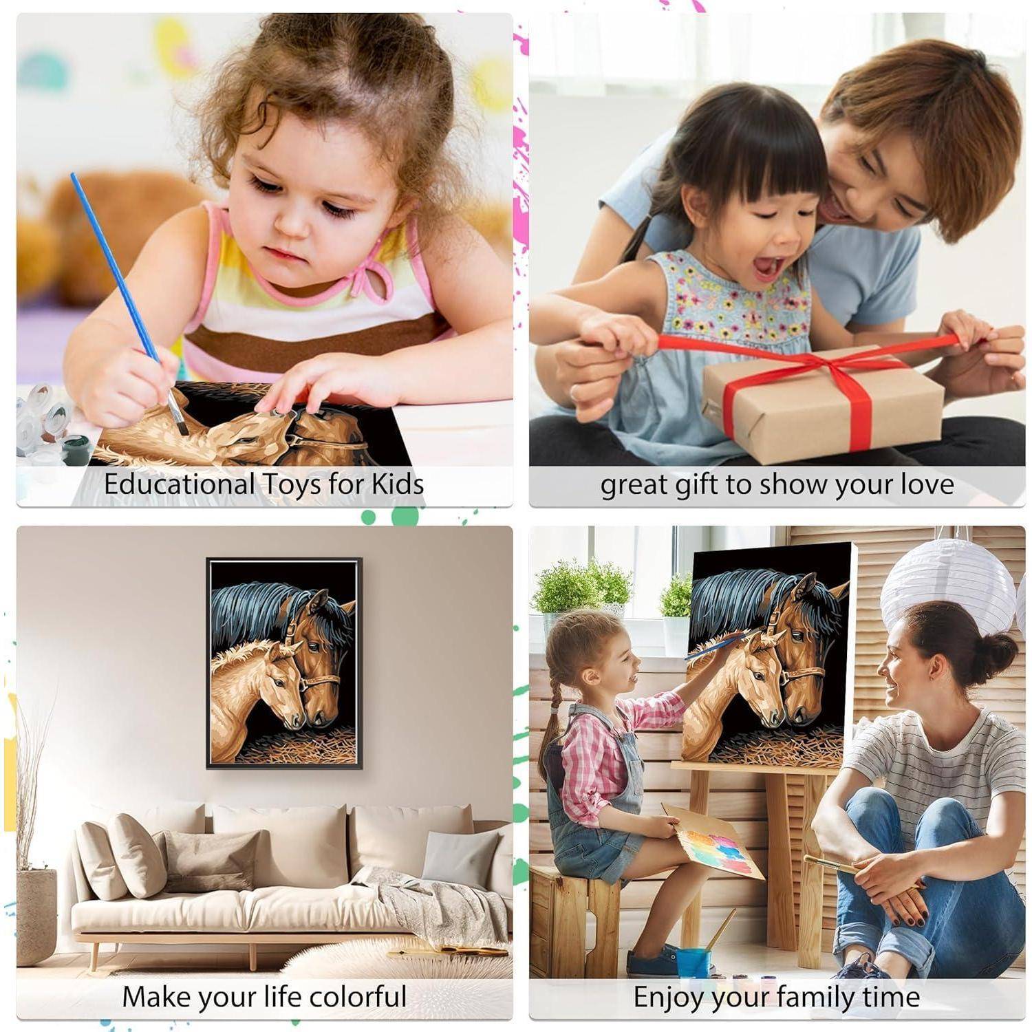 Vierteiliges Kollage-Bild mit einem Kind beim Malen, einer Mutter und Tochter beim Auspacken eines Geschenks, einem Wohnzimmer mit Pferdekunstwerk und gemeinsamer Familienzeit beim Malen.