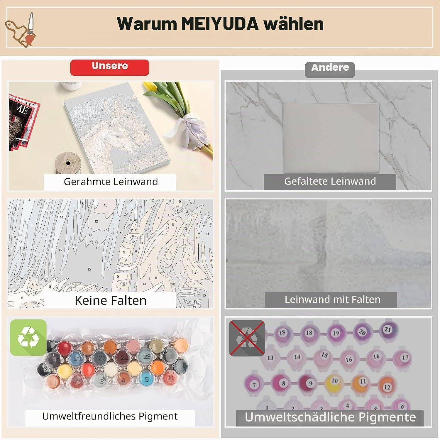 Infografik zum Vergleich von MEIJUDA mit anderen: Leinwand in Rahmen, keine Falten, umweltfreundliche Pigmente gegenüber gefaltete Leinwand, gefaltete Leinwand mit Falten und schädliche Pigmente.