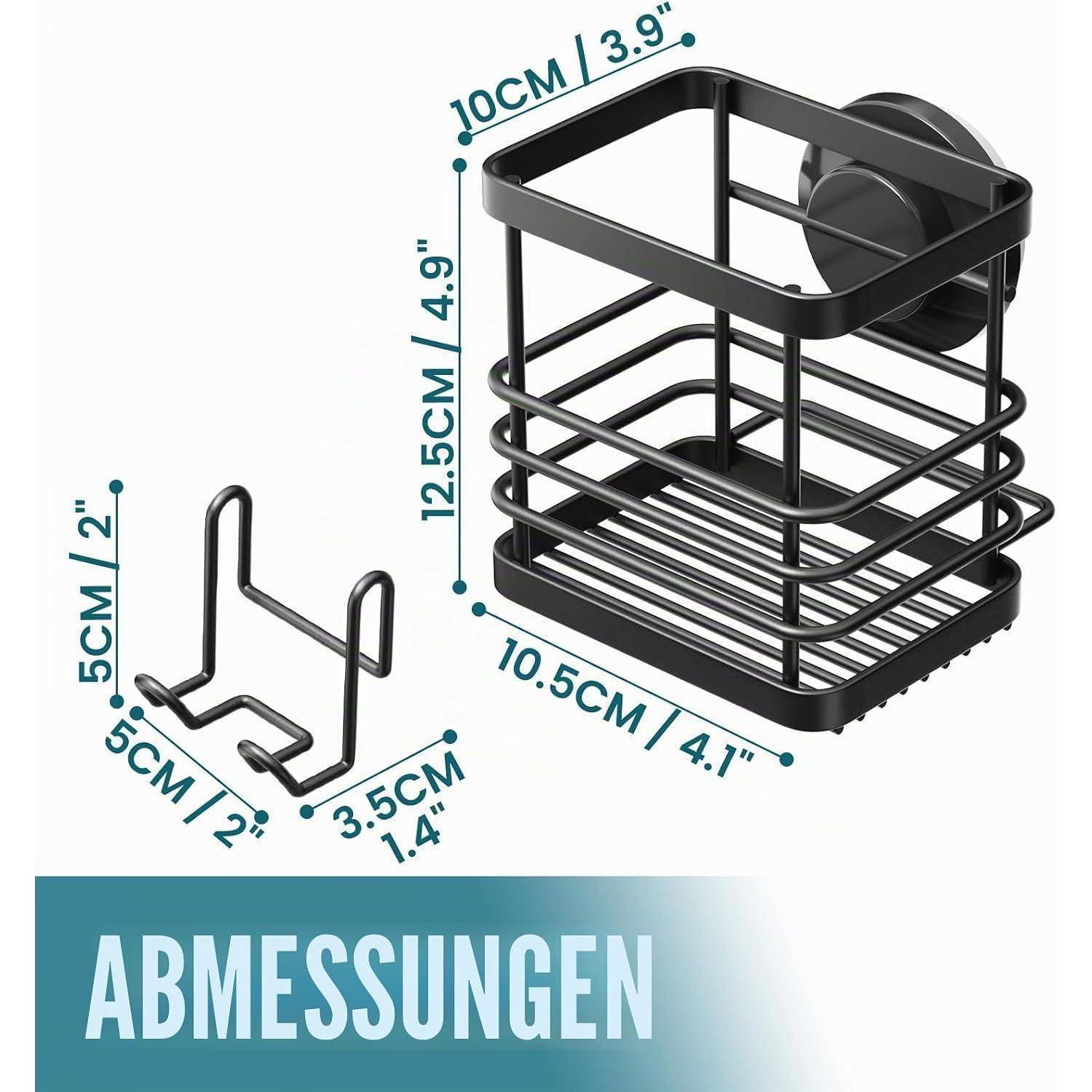Produktdimensionsillustrationen eines schwarzen Arbeitsplatz-Organizers und eines kleinen Ständers, beschriftet in cm und Zoll mit 