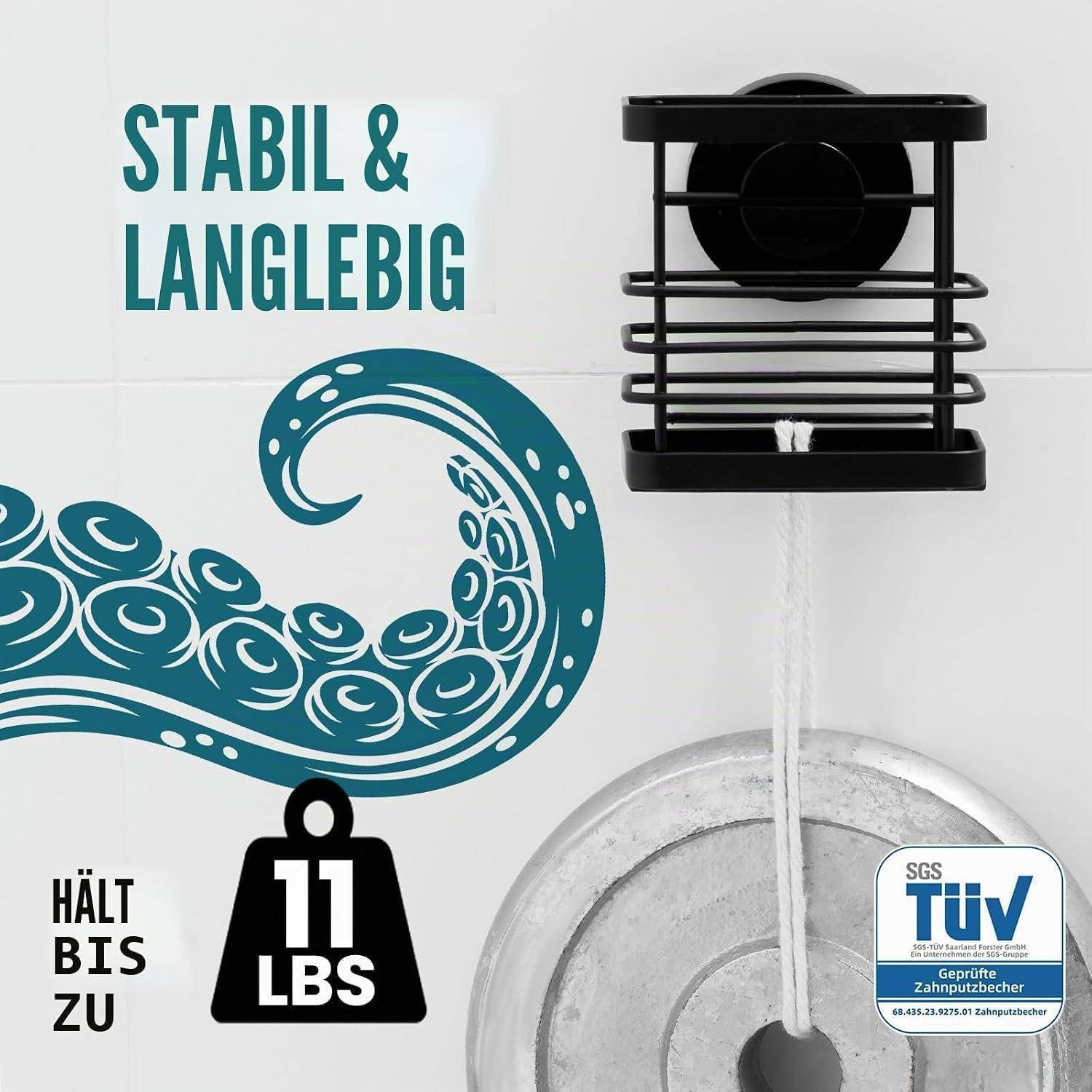 Werbegrafik eines wandmontierten schwarzen Halters mit einem Zahnbürstenbecher, mit den Aufschriften „STABIL & LANGLEBIG